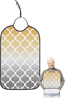 QueenKer Funny Adult Bibs for Eating, Abstract Art Morocco Ombre Yellow Gray Pattern Waterproof Clothing Protector Washable Adult Bib with Crumb Catcher for Men Women Elderl and Seniors