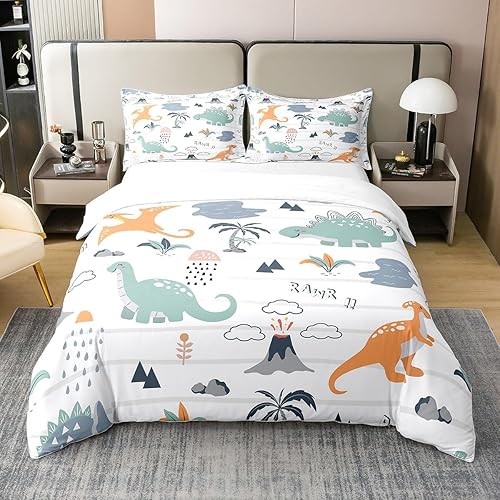 Juego de ropa de cama de dinosaurio lindo para niños y niñas, juego de funda de edredón de dinosaurio 3D tamaño matrimonial, funda de edredón de