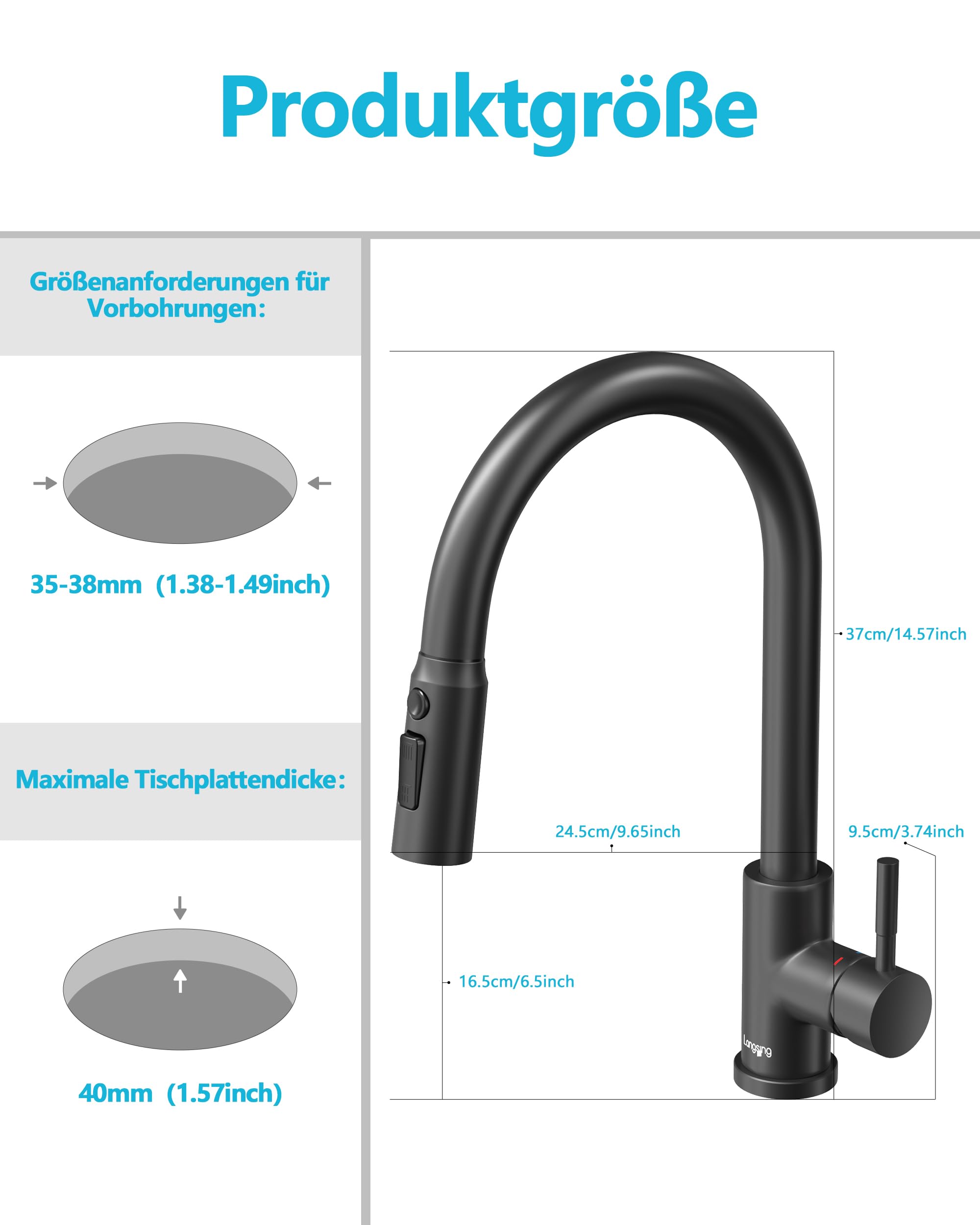 Wasserhahn Küche Schwarz, Hochdruck Küchenarmatur, Drei Strahlarten mit Küchenarmaturen, 360°-Drehbare Wasserhahn Küche, 304 Edelstahl-Armatur Küche(Schwarz)