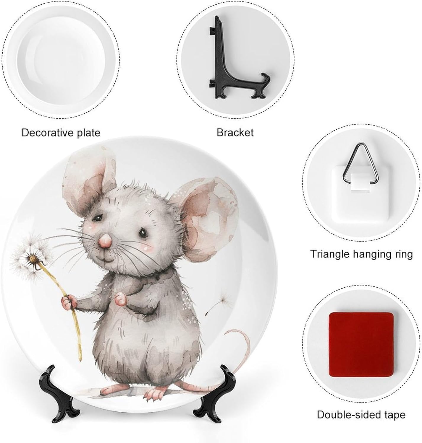 Holding Dandelion Bone China Decorative Plate with Display Stand, Ceramic Ornaments Plate for Wall Hanging, Personalized Porcelain Plates for Office, Living Room 8inch