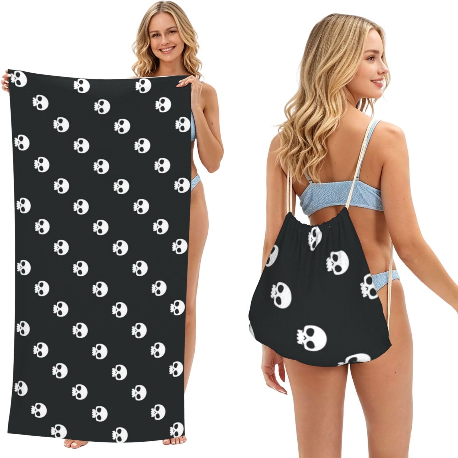 WSHFFILO Skull printed 2 in 1 Packable Towel Bag Bath Towel Beach Towel