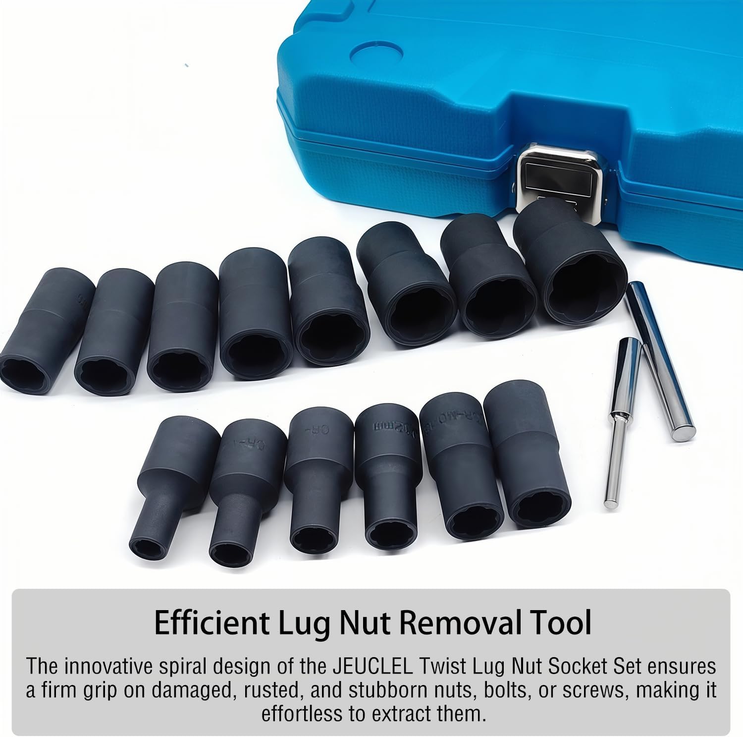 16PCS Twist Lug Nut Socket Set - 1/2 inch Drive Damaged Nut Lock Remover Extractor - Rusted & Strip & Stripped & Stuck Locking Nut Removal Tool Kit with 8-27mm Sockets & Center Punch Bar