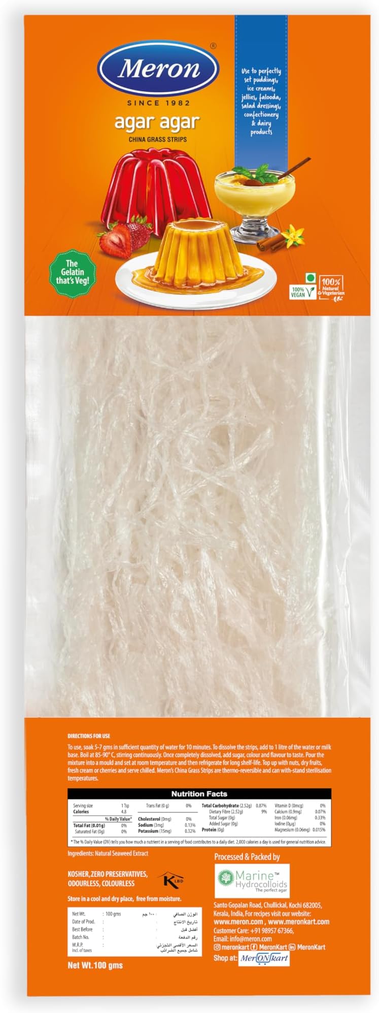 Meron Agar Agar Strips | 100g China Grass | 100% Natural Vegetarian Gelling Agent | Ideal for Jelly, Pudding, Desserts & Savory Recipes | Food Grade Seaweed Extract | Vegan Gelatin Substitute