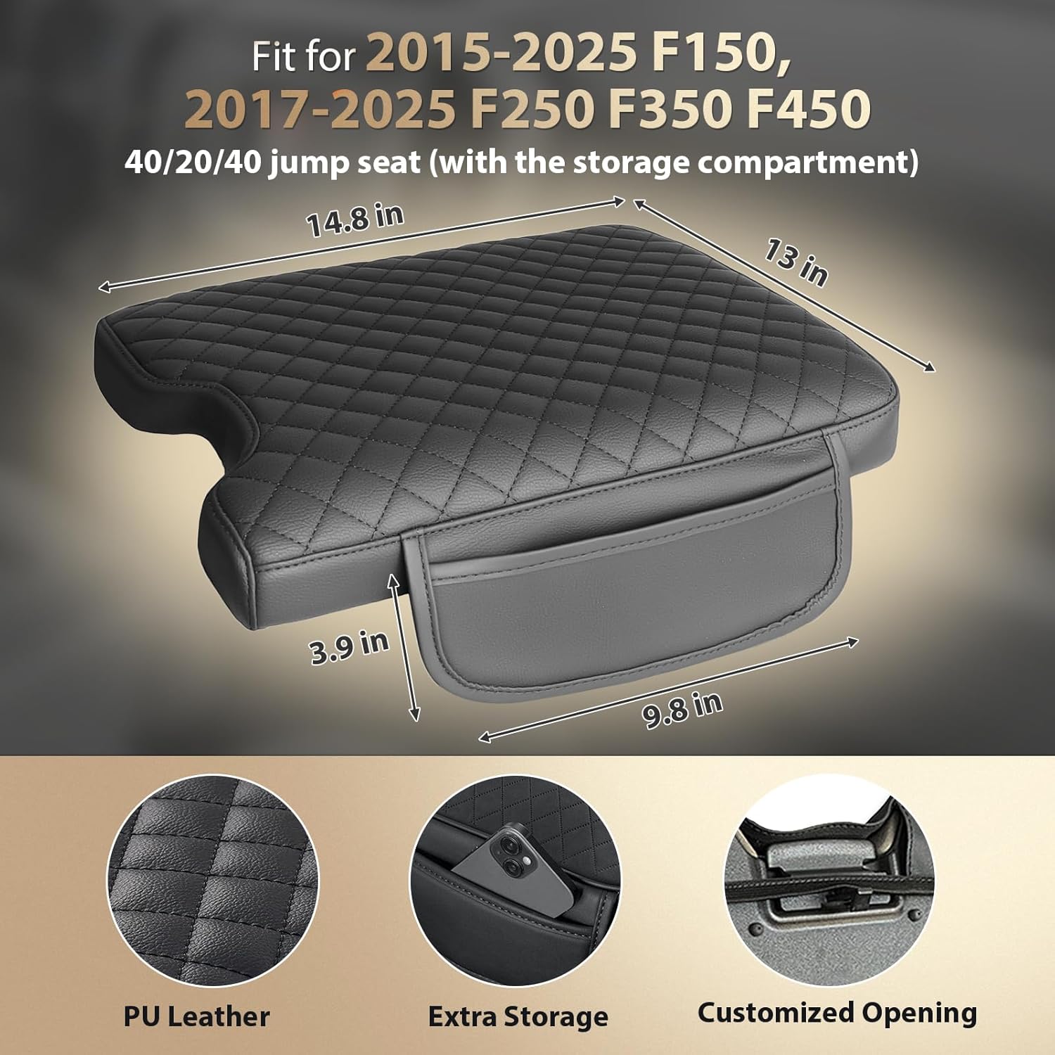 AZEAM Center Console Cover for 2015-2026 Ford F150, 2017-2026 F250 F350 F450 with 40/20/40 Jump Seat, Leather Middle Console Armrest Cover Accessories with 2 Sided Pockets (Jump Seat Only)