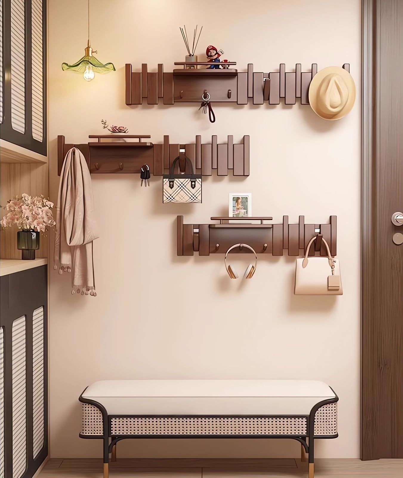 Colgador de llaves de piano montado en la pared, gancho estilo abatible, gancho de pared de entrada, hecho de madera de roble (3 veces pintado, 4 veces pulido) (haya valla, 10 ganchos)