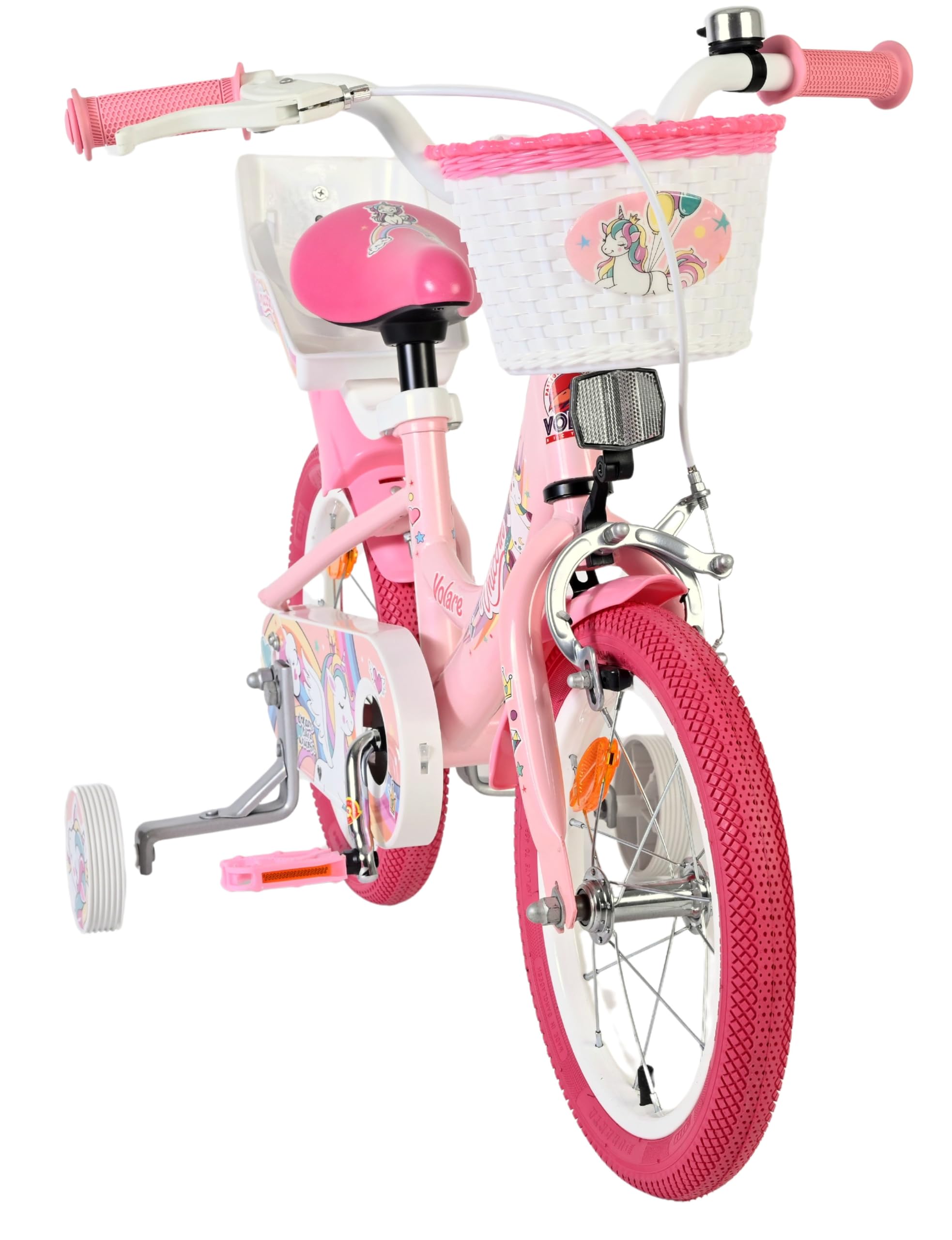 Volare Einhorn Kinderfahrrad Pink | 14 Zoll | 3,5–5 Jahre | Hand- & Rücktrittbremse | Stützräder | Verstellbarer Sattel | Puppensitz & Korb | Geschenk für Mädchen