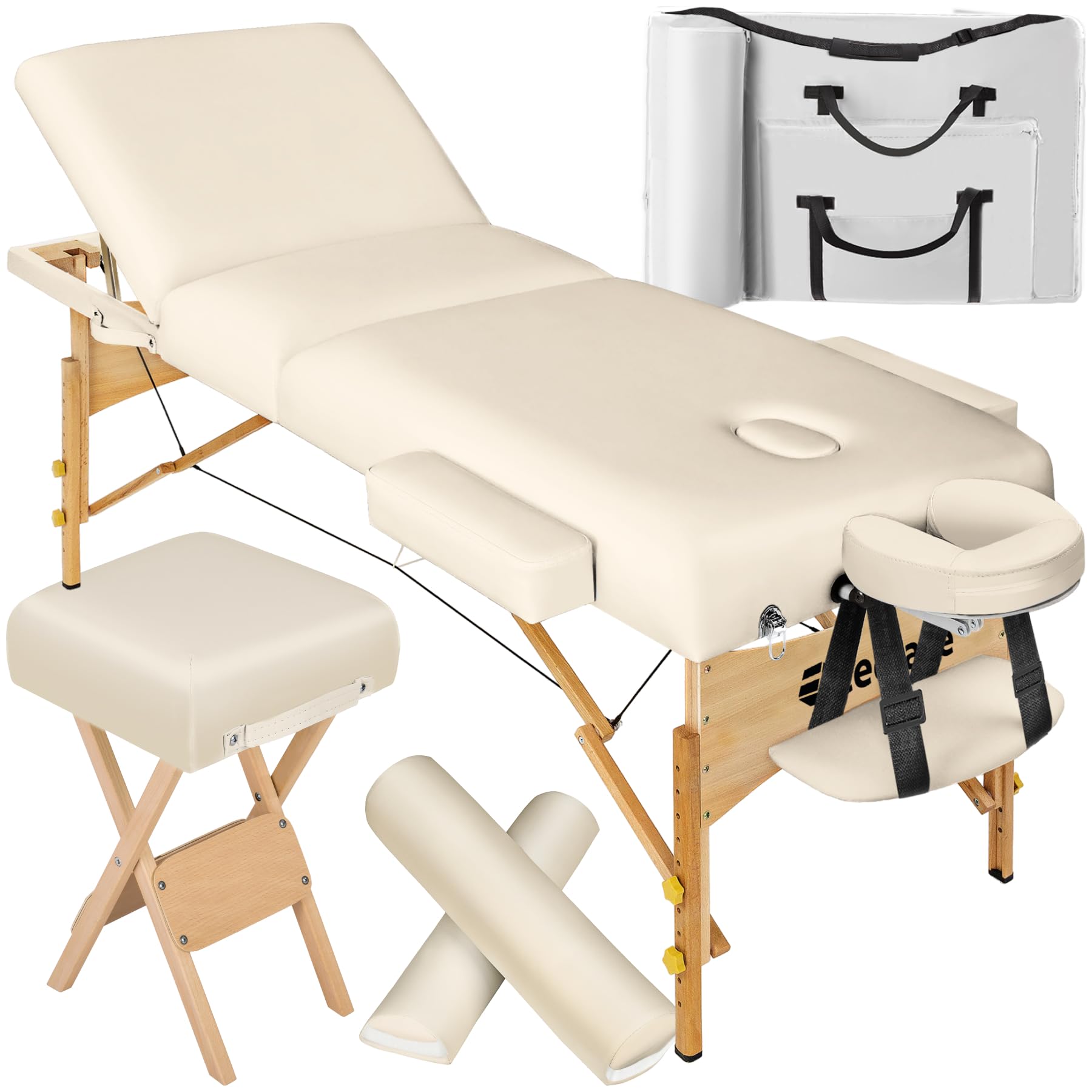 tectake® Lettino Massaggio portatile, Morbida Imbottitura, Poggiatesta, letto pieghevole, Legno, lettino estetista, fisioterapia, Lettino Tattoo - Beige