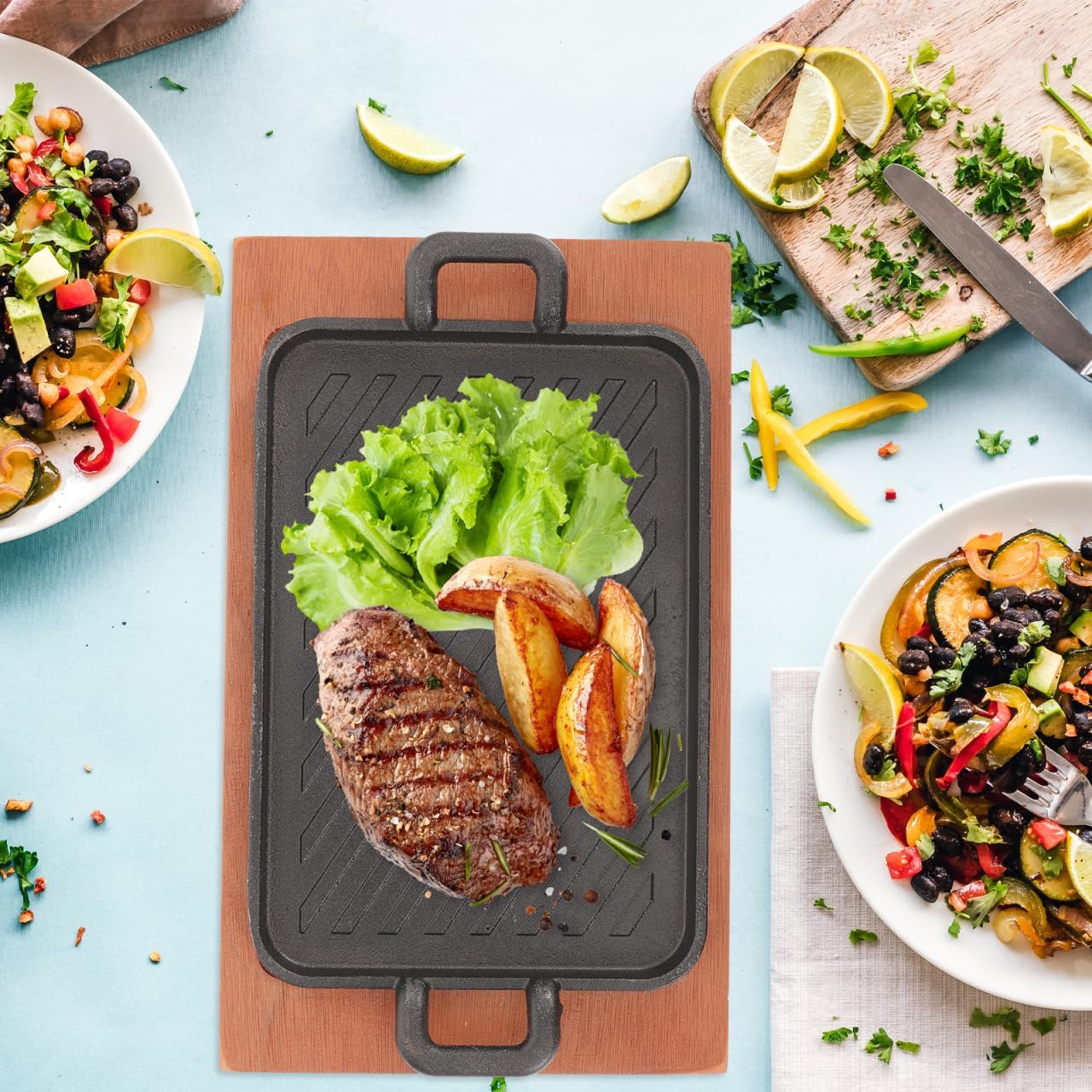 Yardwe Thickened Cast Iron Teppanyaki Grill Pan 12.6X7.5 Inches Square Grill Plate with Dual Handles for Even Heat Bbq Steak Cooking and Outdoor Grilling