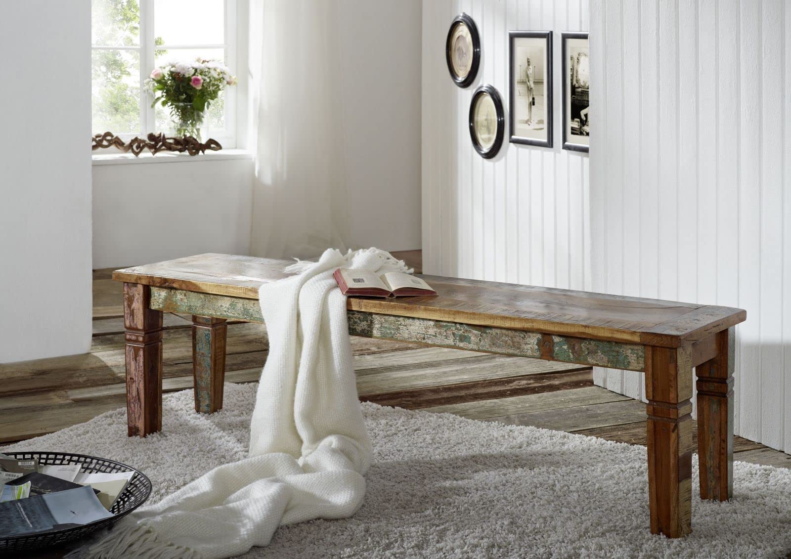 MASSIVMOEBEL24.DE Nature of Spirit #35 Panca in Legno Riciclato - Laccato/Multicolore 160x40x45