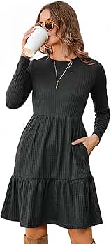 EIRUKON Damen Pulloverkleid Langarm - Elegantes Strickkleid Mit Taschen