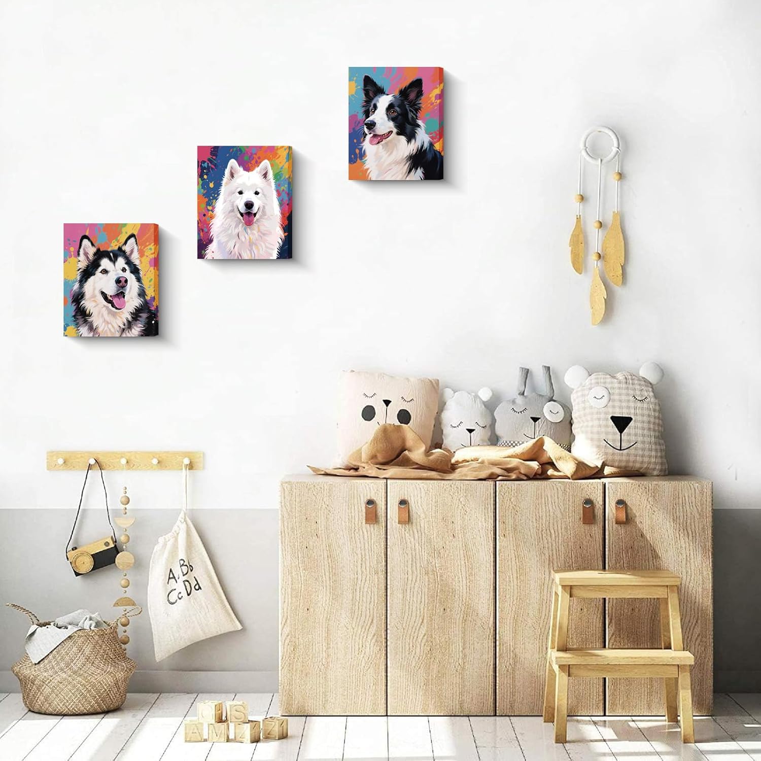 Framed Colorful Dog Canvas Wall Art, 8x10 Inch Set of 4 Pet Printing, Border Collie, Samoyed, Alaskan Malamute, Bernese Mountain Dog Prints
