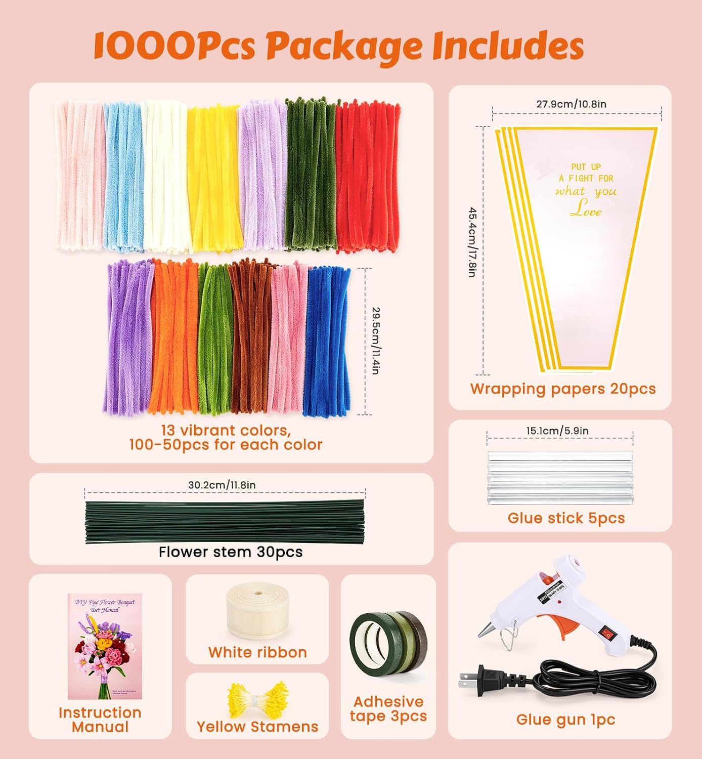 WNETONE 1000 PCS Pipe Cleaner Flower Kit, 13 Colors Chenille Stems Craft