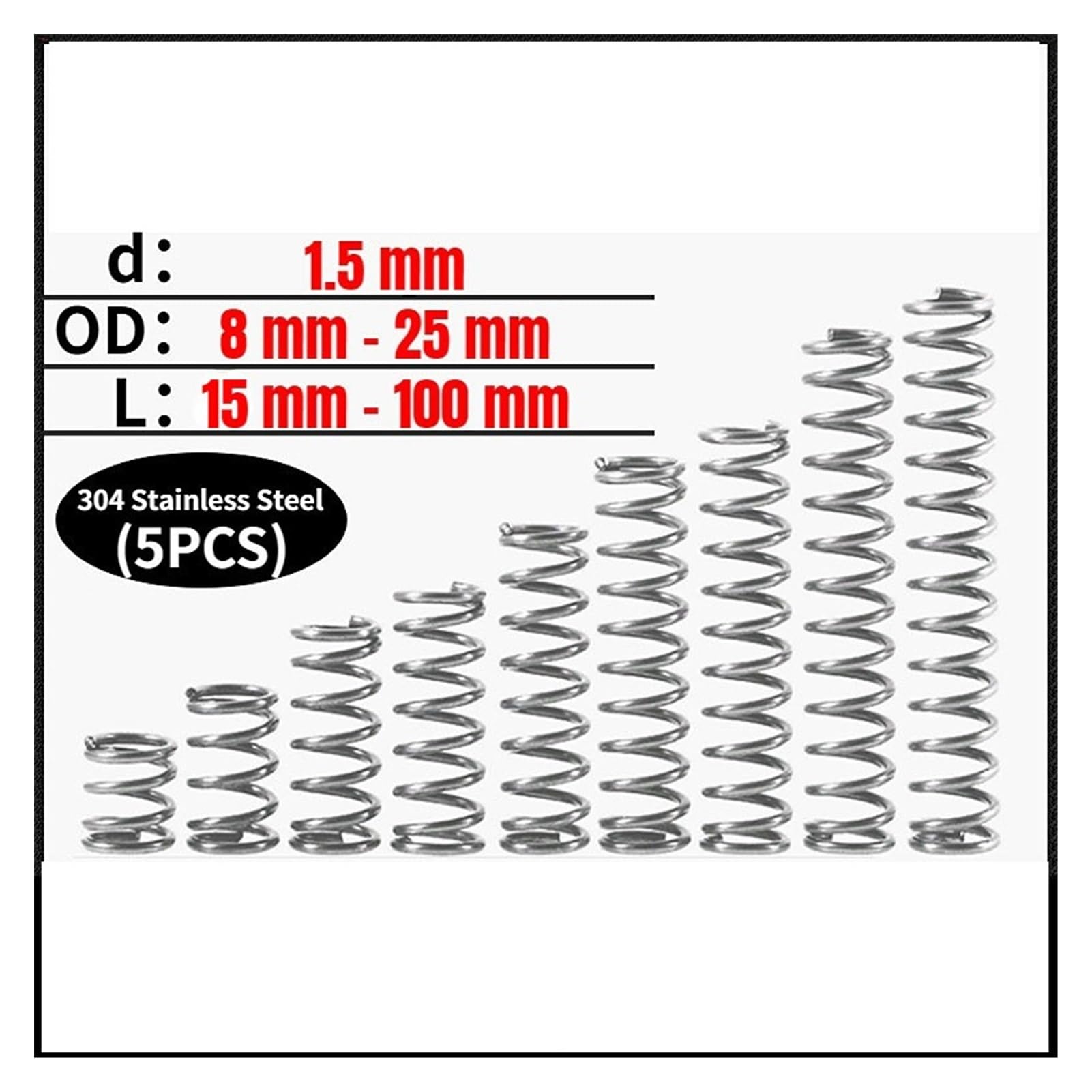10 Mole Di Compressione In Acciaio 65MN – Diametro Filo 1,5 Mm, Diametro Esterno 8-25 Mm, Altezza 15-100 Mm