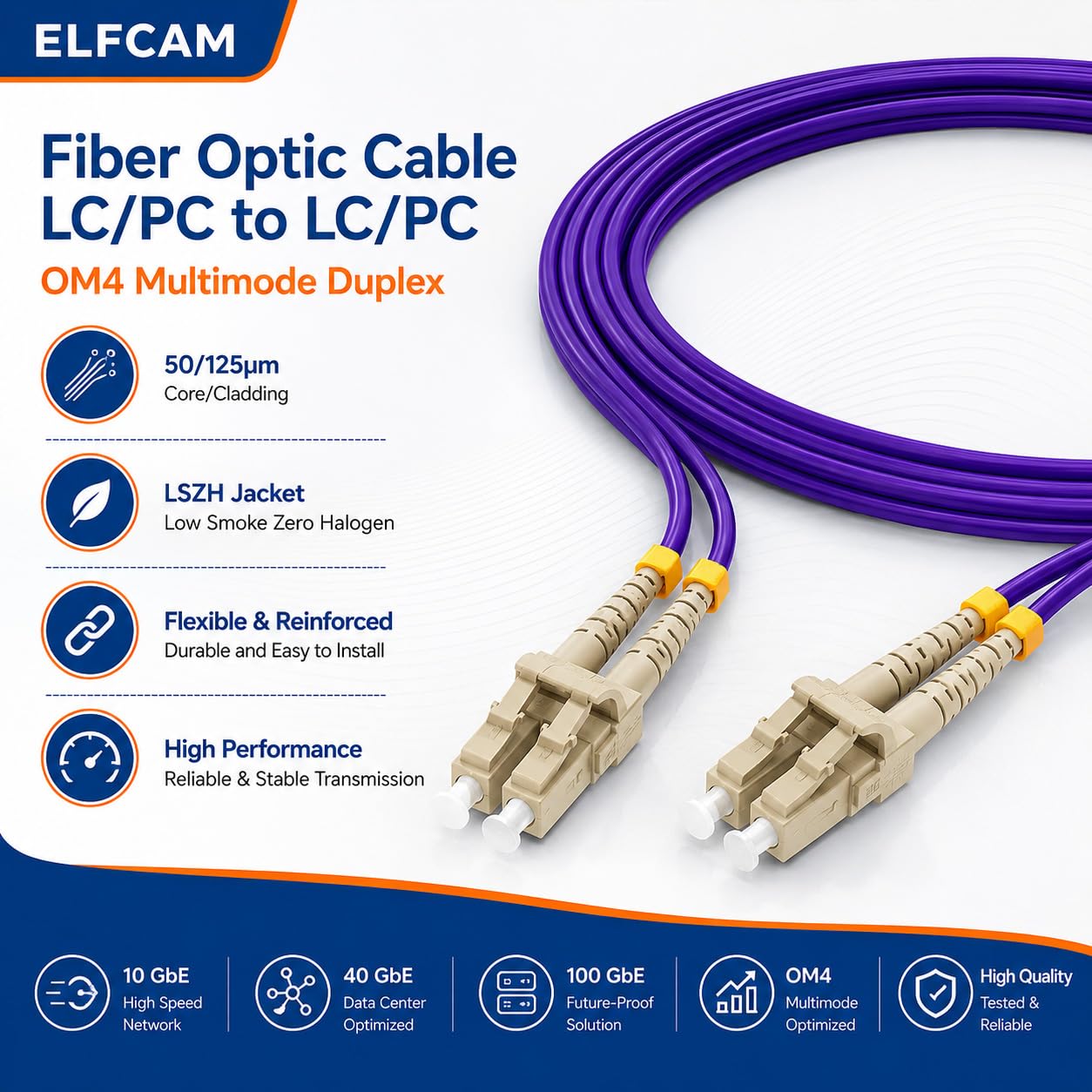 Elfcam® - Cavo Fibra Ottica LC/UPC per LC/UPC OM4 Multimode Duplex 50/125um LSZH (120M)
