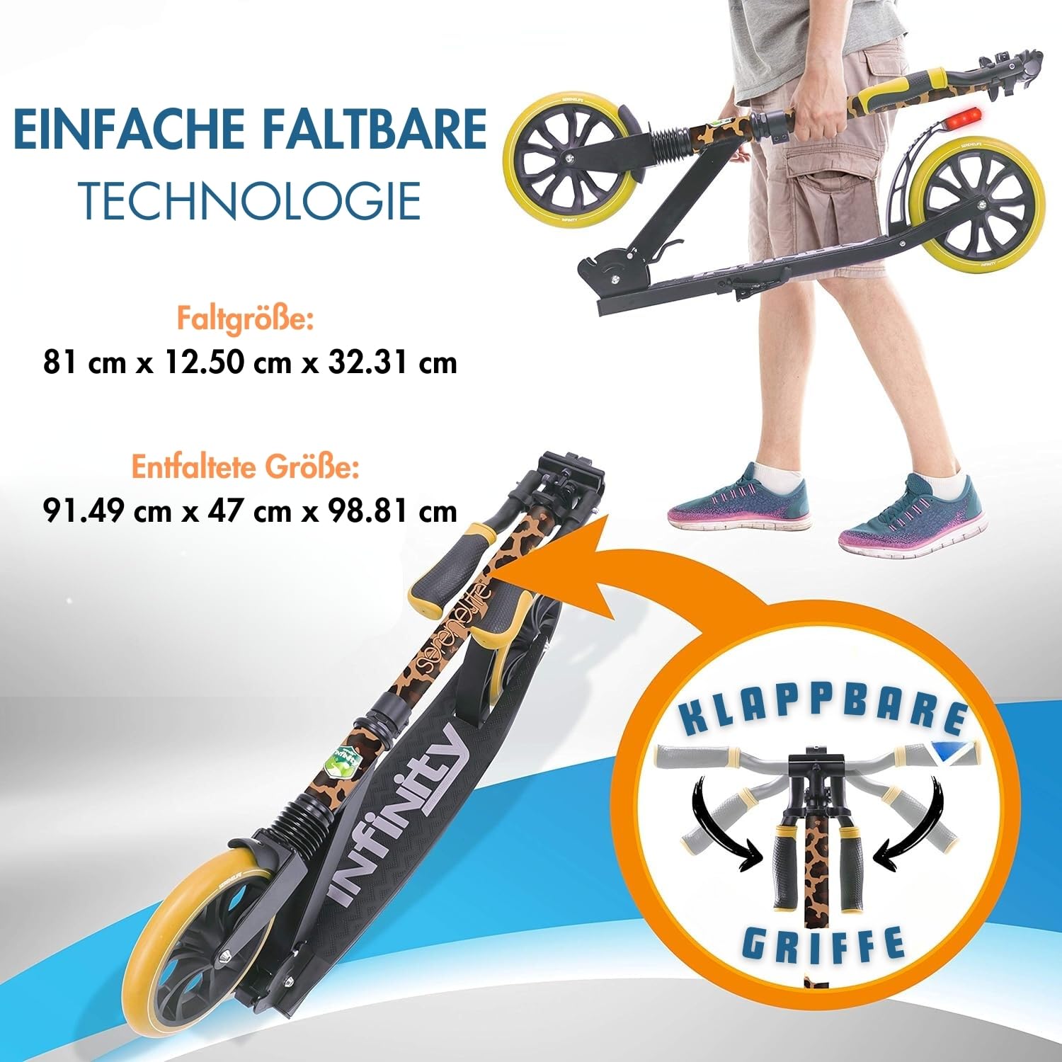 SereneLife Roller, Stabiler Cityroller, Höhenverstellbarer Big Wheel Scooter, Klappbar Inkl. Tragegurt, Ständer & Trittbremse, für Kinder & Erwachsene bis 100kg