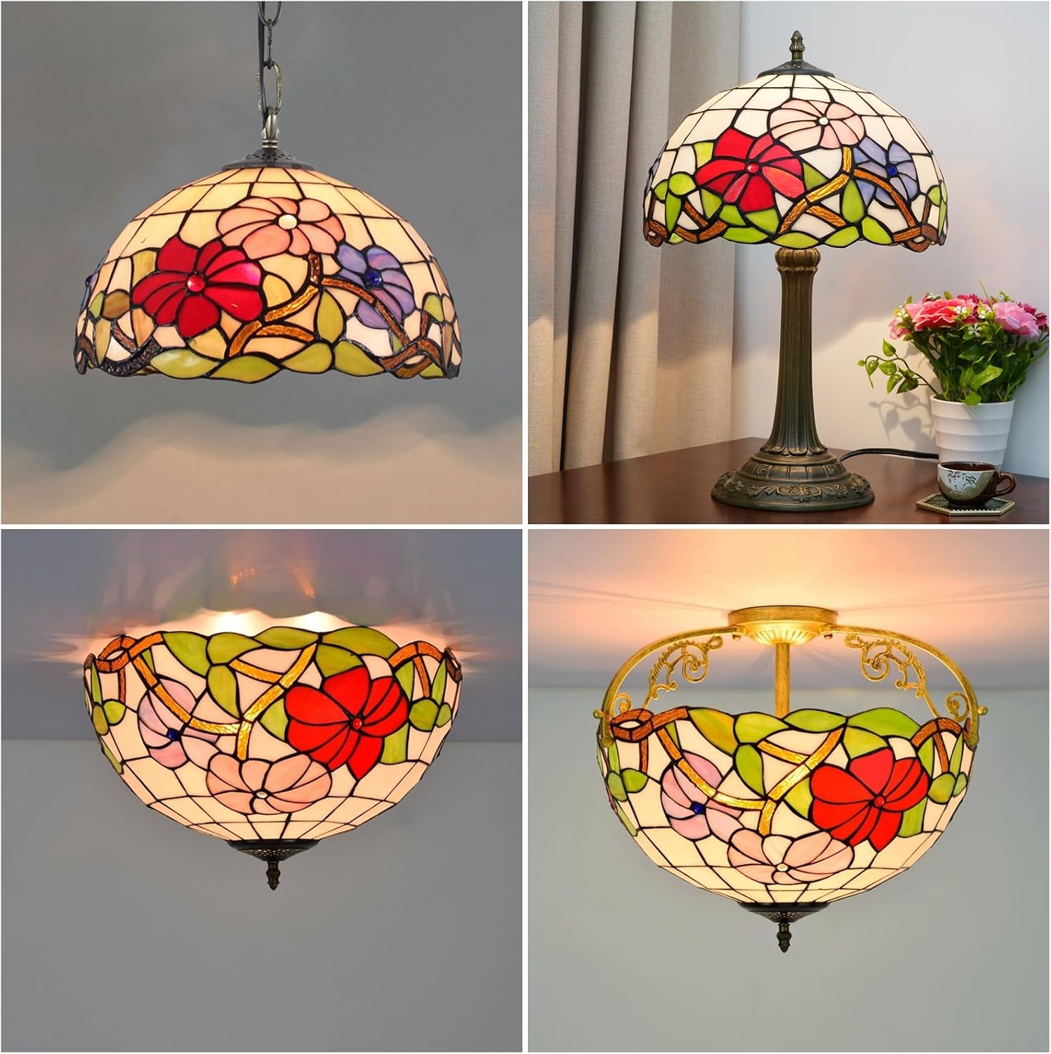 Tiffany Style Lamp Shade, 12 Inch Tricolor Morning Glory Stained Glass Lamp Shade Replacement Lamp Cover Accessories Fit for Table Lamp Pendant Light Ceiling Light