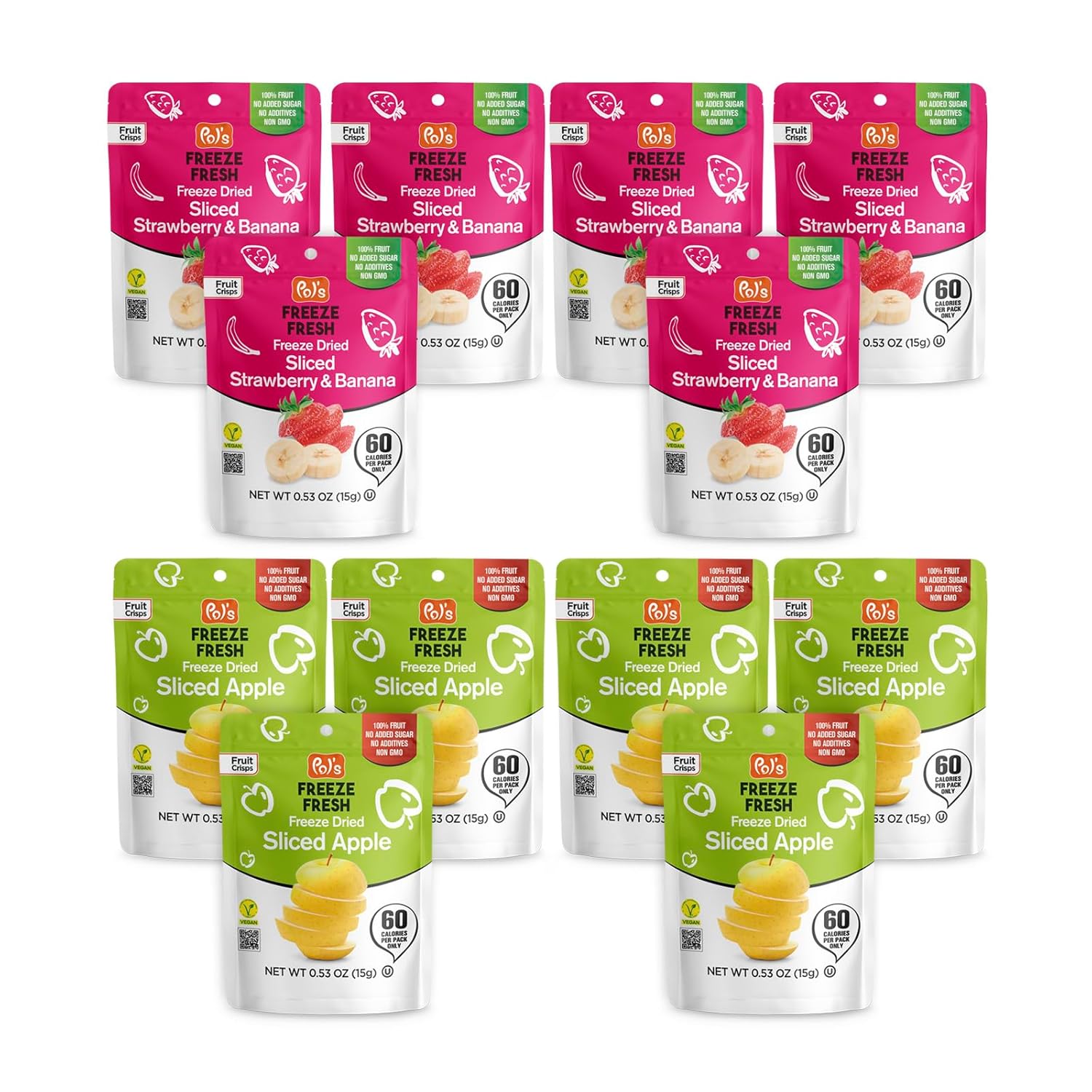 Pol’s Freeze Fresh - 12 Pack Freeze-Dried Fruits – 6x Sliced Apple & 6x Strawberry-Banana (0.53 Oz Each), No Sugar, Non-GMO, Vegan, Gluten-Free, Single-Serve