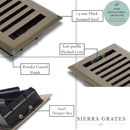 Miniatura 3 de Diseño contemporáneo de 4 x 10 pulgadas, Registro de piso de acero, en acabado de ceniza metálica con filtro de aire, cubiertas de ventilación para