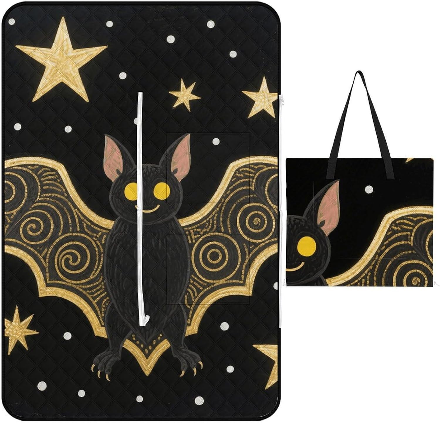 Black Gloden Bat Picnic Blanket 150x100cm, Foldable 2-in-1 Picnic Mat and Tote Bag Portable Waterproof Beach Mat Sandproof Outdoor Blanket for Park, Hiking, Beach, Camping, Travel