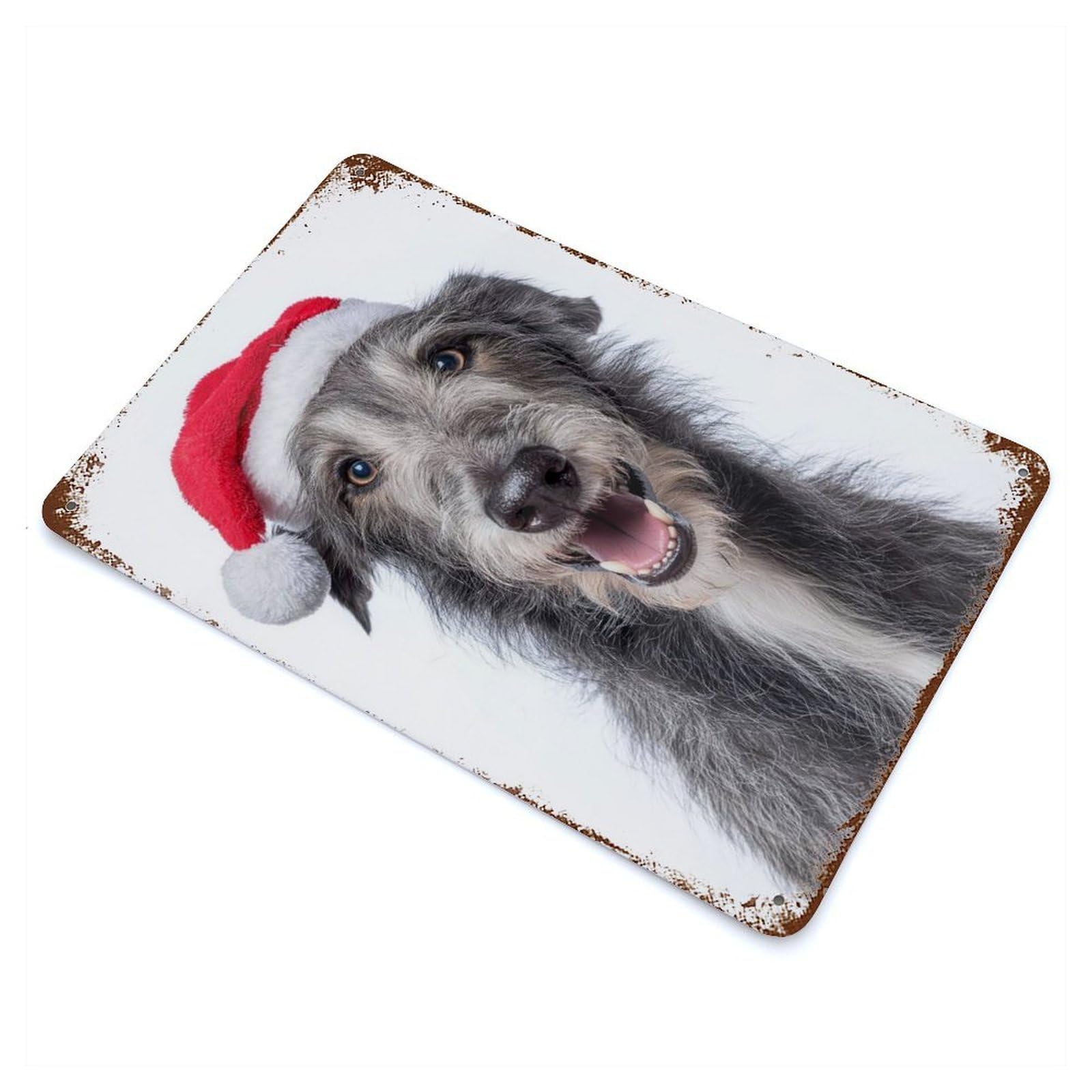Rust Effect Scottish Deerhound Dog with Santa Hat Portrait Distressed Metal Wall Sign 11.8"x7.9", Decorative Metal Wall Art for Living Room, Hallway And Home Decor