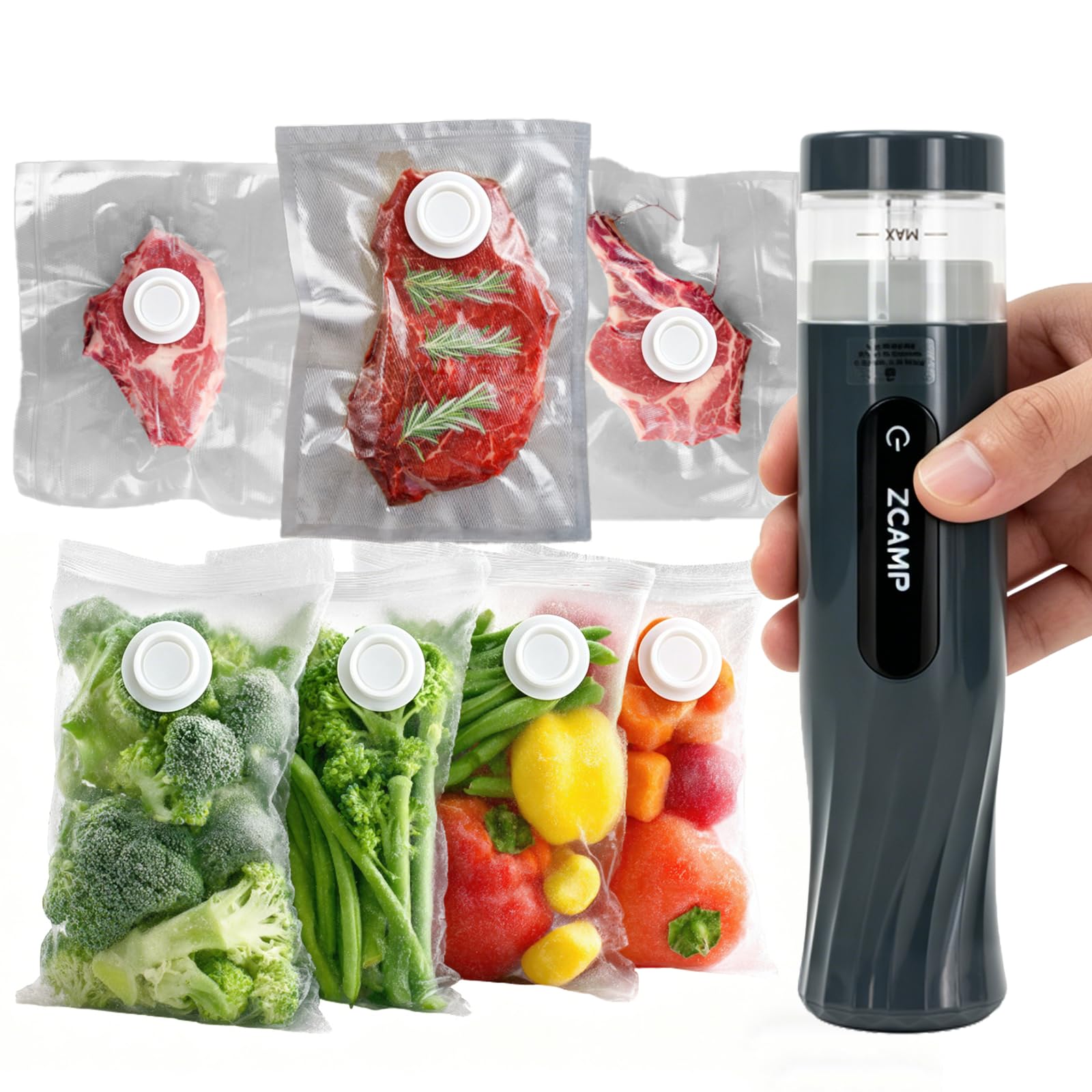 Machine à emballer sous vide portable sans fil avec 10 sacs réutilisables, rechargeable de type C pour viande, fromage, légumes, fruits, restes de fruits, arrêt automatique compact