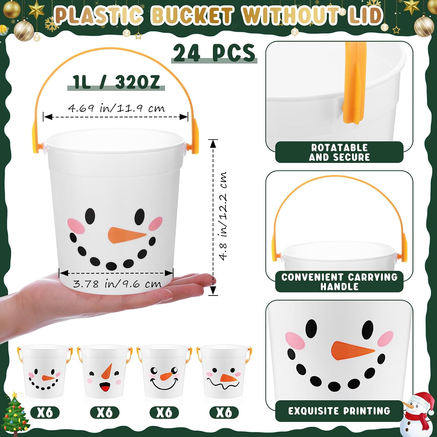 meekoo 24 Pack Christmas Buckets for Gifts Snowman Plastic Buckets with Handles 4.69 x 3.78 x 4.8 Inch Cute Snowman Candy Pails Home Toy Baskets for Xmas Winter Party Favors Supplies