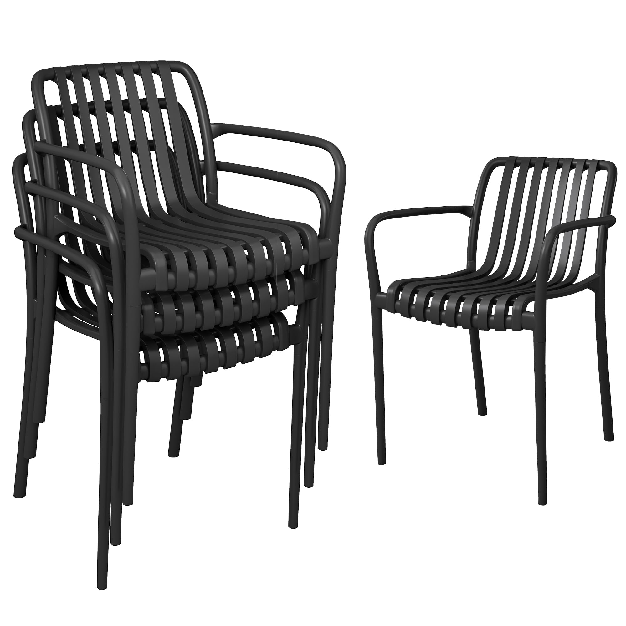 Outsunny Lot de 4 chaises de jardin empilables en polypropylène avec dossier incurvé, assise à lattes, accoudoirs, 55 x 58,5 x 81,5 cm, noir