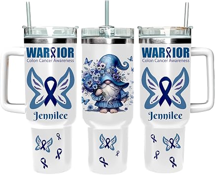 Colon Cancer Warrior Gift, Custom Colorectal Cancer Blue Ribbon Awareness Survivor Gifts, Chemo Tumbler Cup Gift