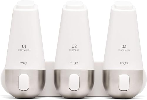 drizzle Dispensador de ducha de jabón y champú de 3 cámaras, montado en la pared con acero inoxidable (blanco)