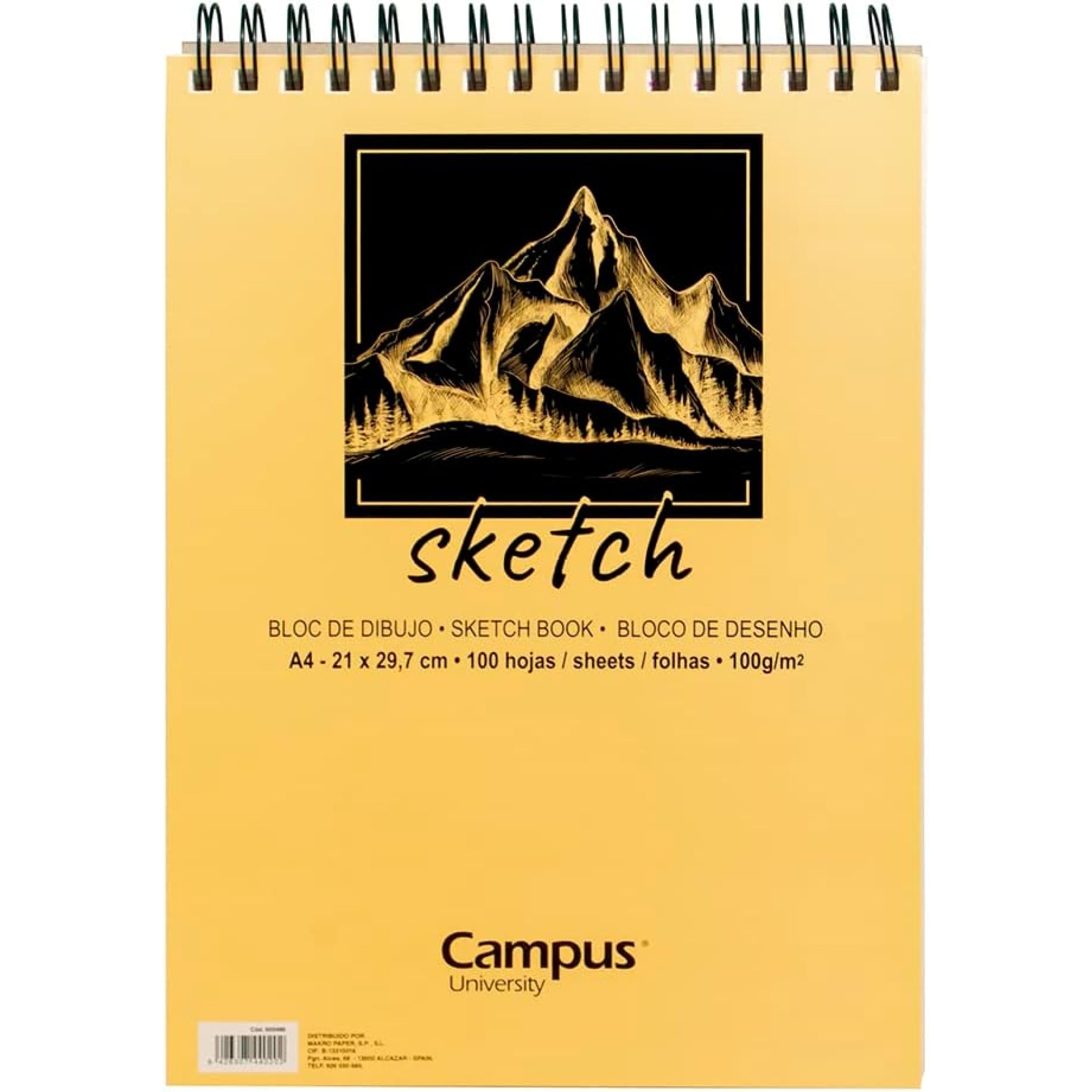 Campus University - Bloc de Dibujo Sketch A4 Cuaderno de Bocetos con Espiral 100 Hojas 100 gramos en Blanco para Carboncillo, Lápiz, Ceras, Pastel, Esbozos