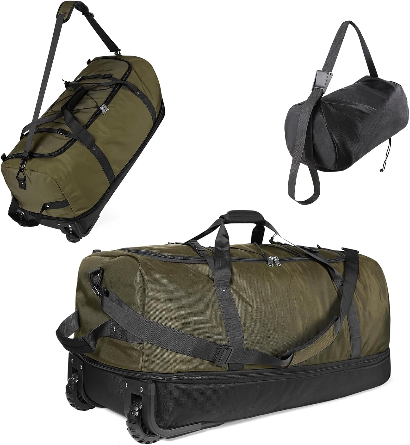 32" Soft-Sided Foldable Wheeled Duffle Bag, 110L Expandable 140L Rolling Travel Bag with Matching Storage Pouch, Updated Army Green
