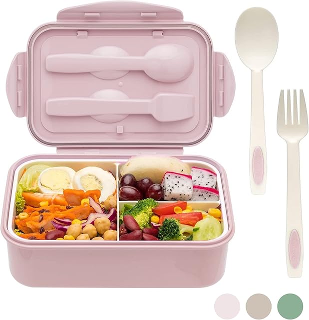 Kaket Bento Lunch Box, Bento Boxes, Meal Prep Containers with Fork and Spoon, Multi Compartment Bento for Adults Kids, Dishwasher Safe Micro-Wave Safe (Pink)