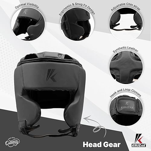 Miniatura 5 de Kruzak Unisex Matte Black Boxing Gloves, Focus Mitts and Head Gear Set for Kickboxing and Muay Thai MMA Training  Fitness Kit for Martial Arts and