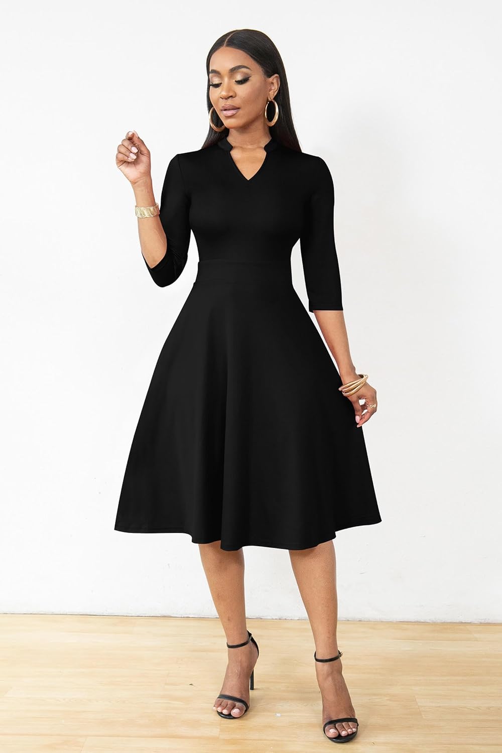 AOMONI Church Dresses for Women 3/4 Sleeve Fit and Flare Church Dress Knee Length Midi Dresses - Image 3