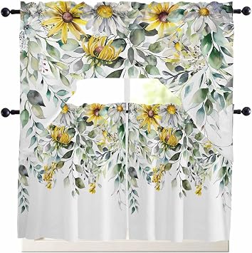 Kitchen Curtains Sets 24 Inch Length with Valance, Yellow Floral Nature Design Swag Valances for Windows and Tiers Curtain Set, Light Filtering Rod Pocket Drapes for Living Room, Cafes