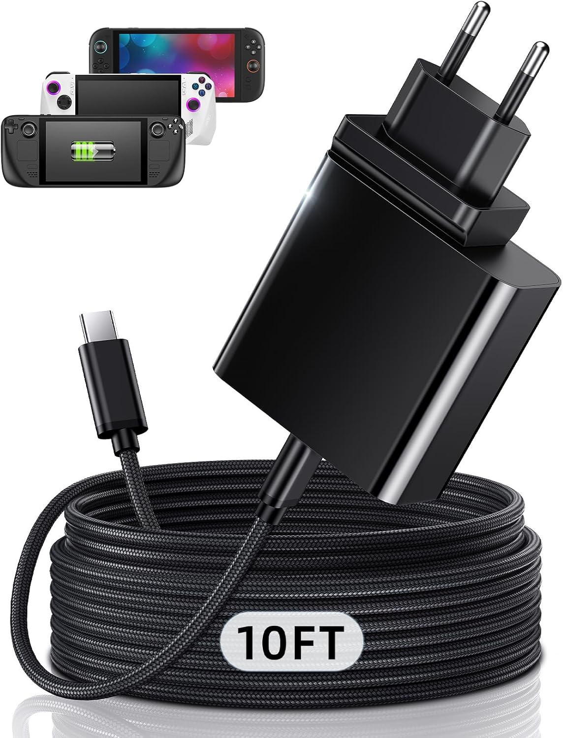 65W USB-C Schnellladeladegerät für Steam Deck, Nintendo Switch 2 & ROG Ally – MENEEA PD3.0 Klappbarer Netzadapter mit 10FT Kabel, für TV Dock/Switch 2 Ladegerät (10FT)
