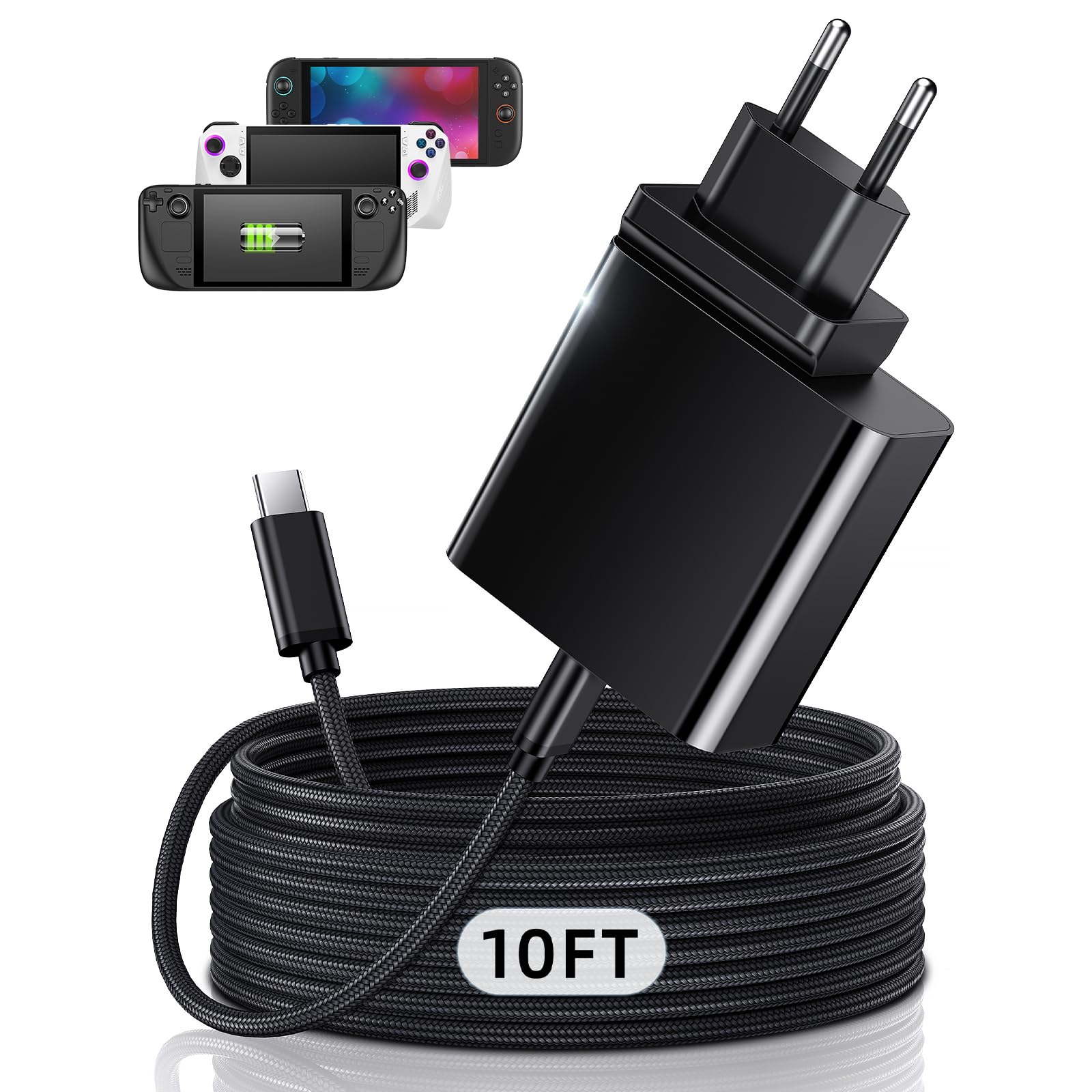 65W Chargeur Rapide USB C pour Steam Deck, pour Nintendo Switch 2 &ROG Ally | Adaptateur Secteur Pliable PD3.0 avec 3M/10FT Câble, pour Station D'accueil TV/Chargeur Switch 2 Console pour PlayStation