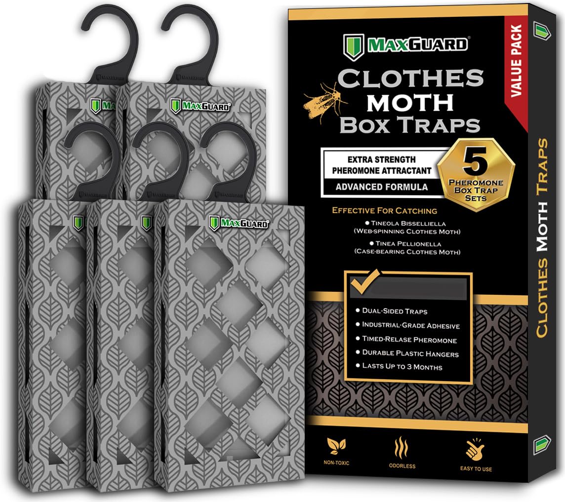 MaxGuard Clothes Moth Traps (5-Pack) – Non-Toxic Pheromone Glue Traps for Closets – Targets Webbing & Case-Bearing Moths – No Mothballs Needed