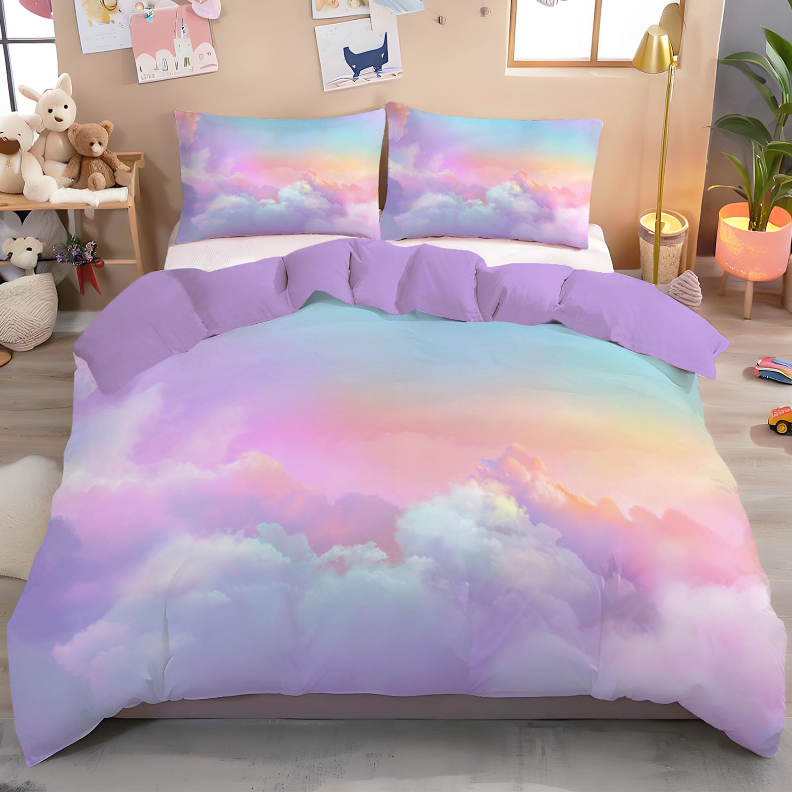 Housse de couette 220x240 violette arc-en-ciel parure de lit microfibre douce adulte avec taies
