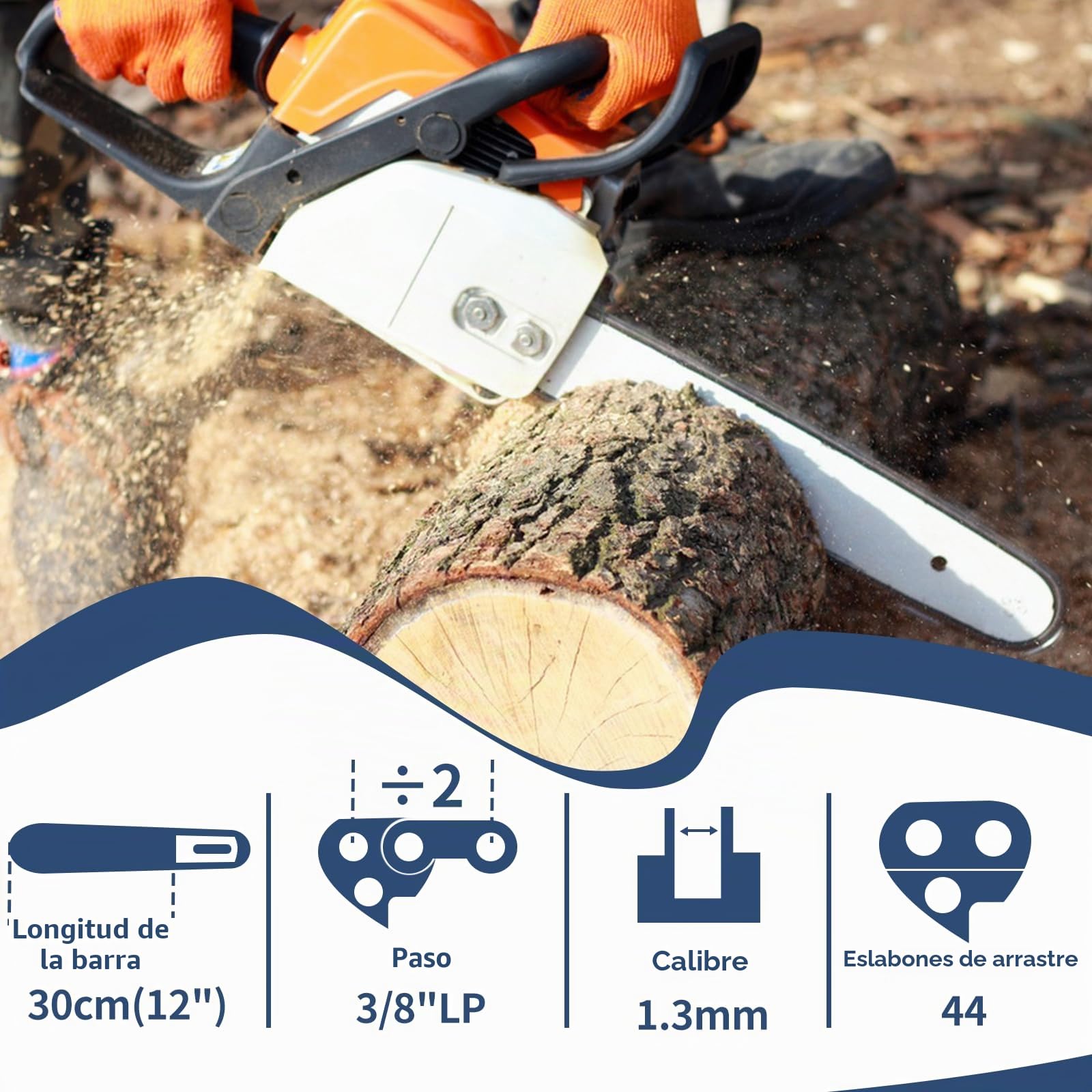 3 Cadena de Motosierra 12 Pulgadas (30cm) con Caja de Plástico, Motosierra Sierra Cadena 3/8" LP, 44 Eslabones, 1.3mm (0.050"), Cadena Motosierra de Repuesto para Espadas de 30cm