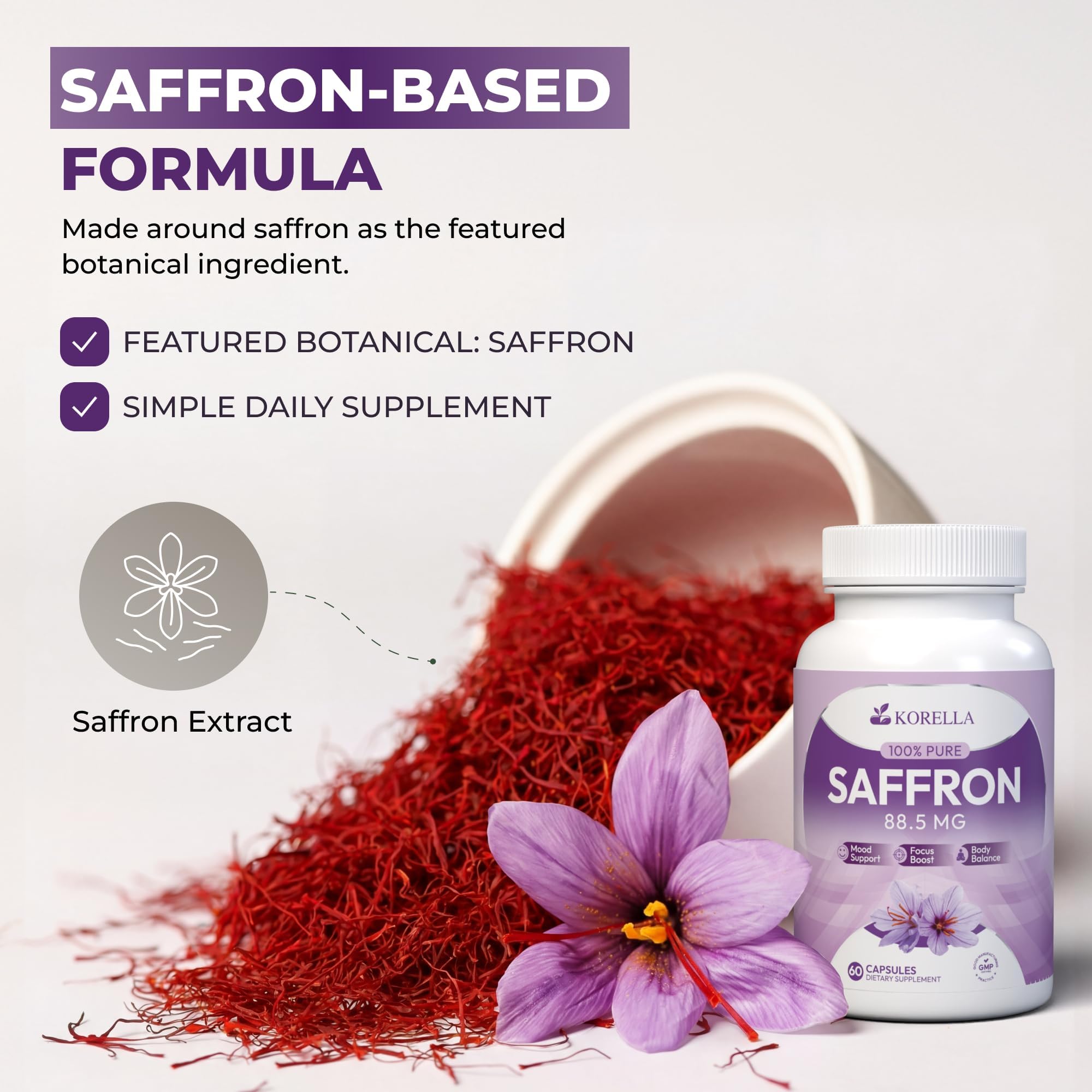 KORELLA Saffron Supplement 88.5 mg – Pure Saffron Extract Capsules for Wellness, Energy Support & Focus – Pure Saffron Supplements - Natural Saffron Pills for Men & Women – 60 Count — Amazon image 7