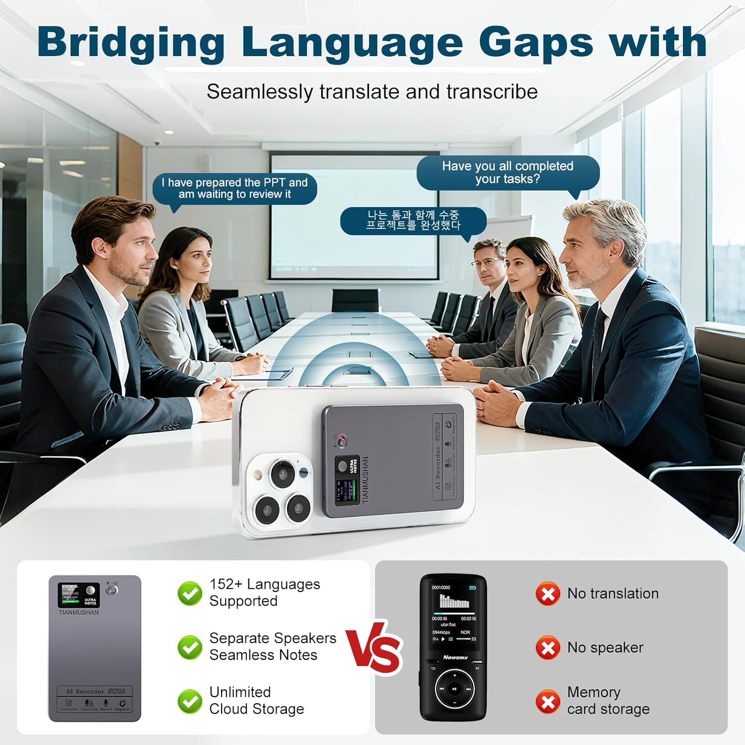 AI Voice Recorder, Supports 152 Languages, 64GB Memory APP Control Audio Recorder for Lectures, Meetings, Calls,AI Noise Cancellation Technology,Built-in Magnetic Ring,Mini Transcriber with Summary.