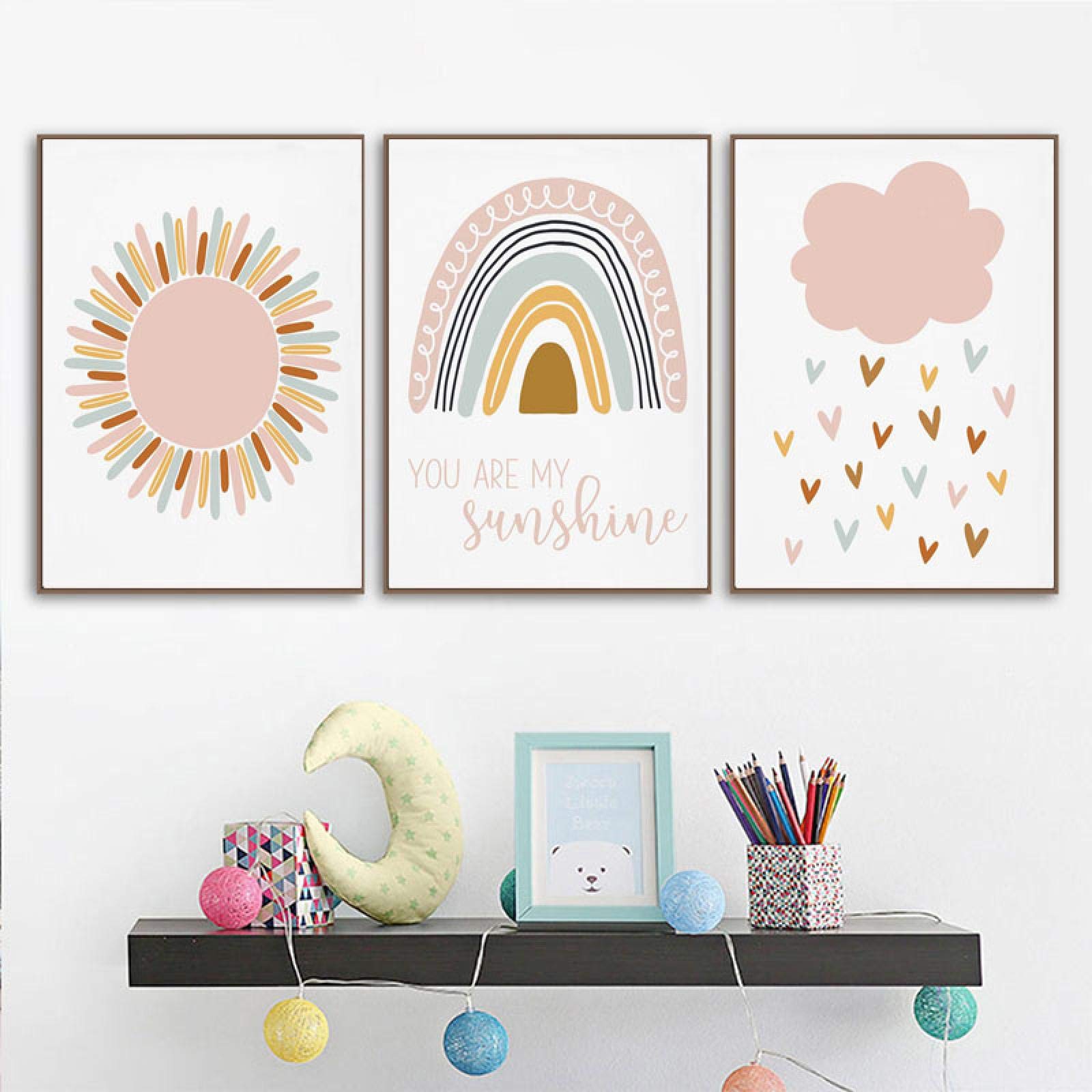 Impresión en lienzo para niños, póster con nubes de sol rosa, arte de pared, cuadro de arcoíris para guardería, pintura para habitación de bebé, decoración de dormitorio infantil, 70x100cmx3 sin marco