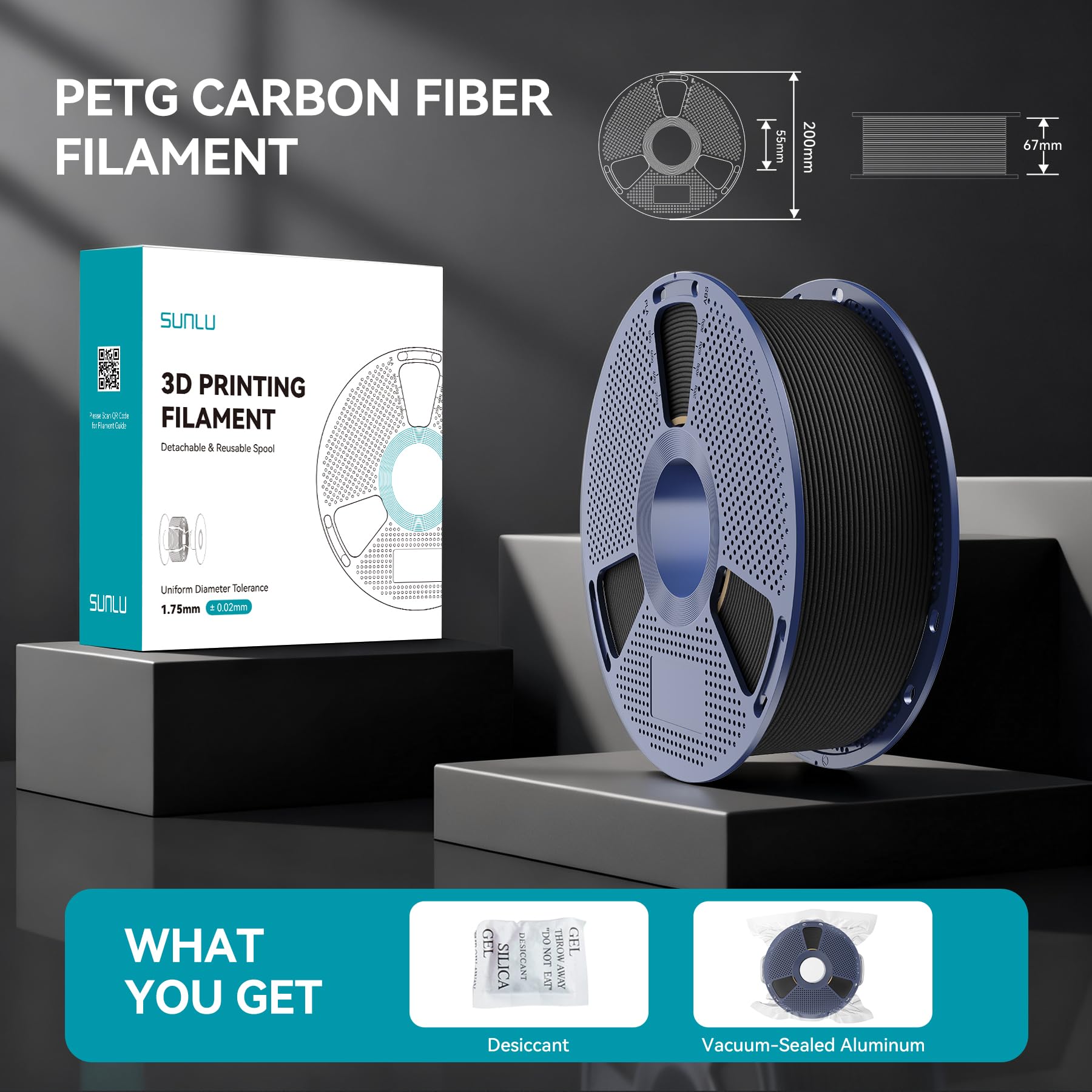 SUNLU Kohlefaser-PETG 3D-Druckerfilament 1,75 mm, erhöhte Festigkeit, hohe Steifigkeit, hitzebeständig, 10% Kohlefaser, kompatibel mit den meisten 3D-FDM-Druckern, 1-kg-Spule PETG-CF (Matt-Schwarz)