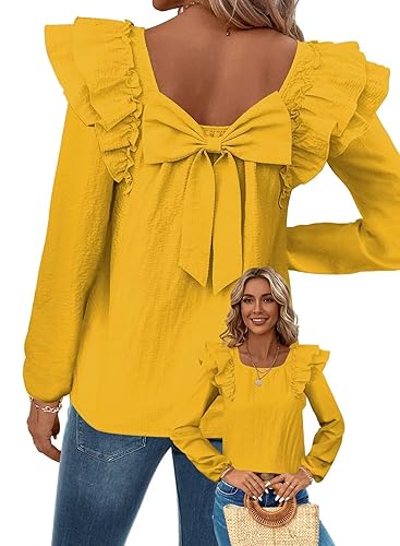 Falechay Womens Bow Tie Back Tops Square Neck Long Ruffle
