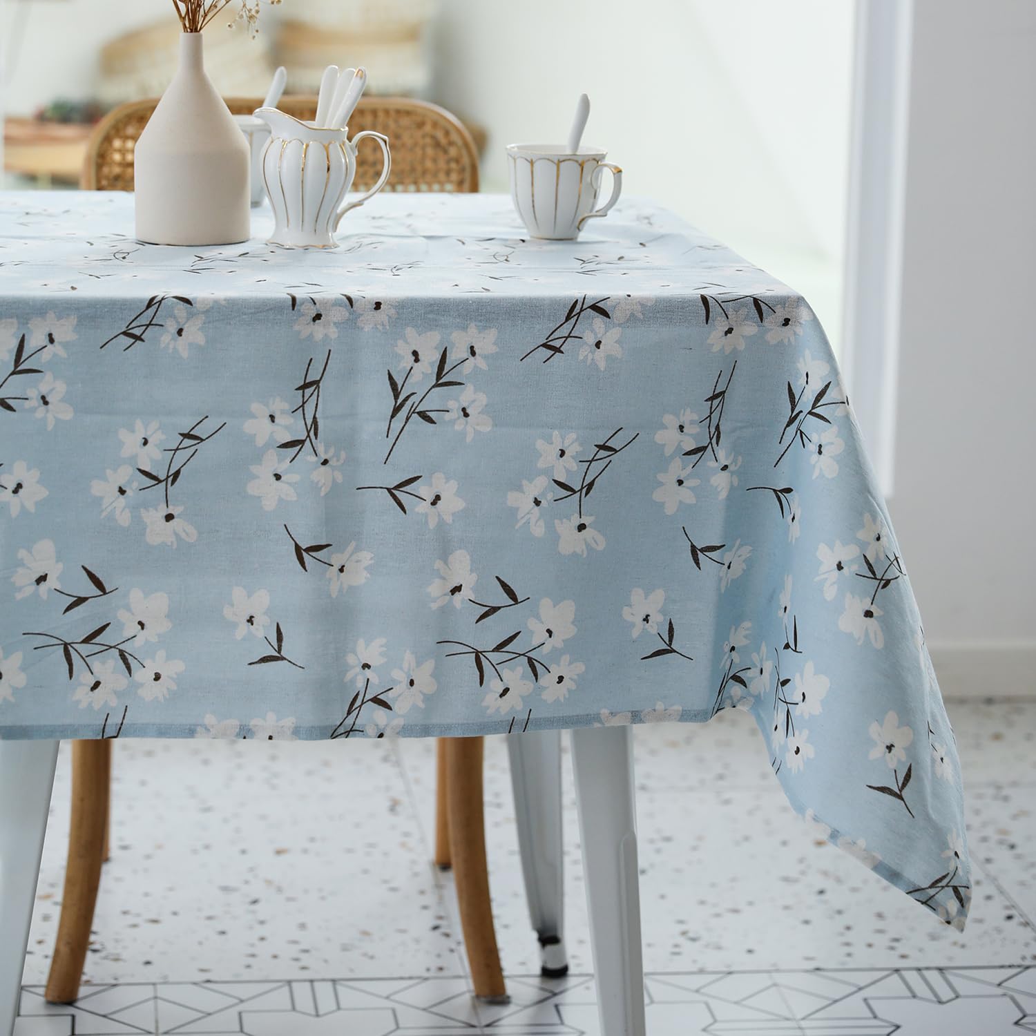 Pastoral Rectangle Tablecloth - 52 x 70 Inch - Linen Fabric Table Cloth - Washable Table Cover with Dust-Proof Wrinkle Resistant for Restaurant, Picnic, Indoor and Outdoor Dining, Floral (Light Blue) — image 1
