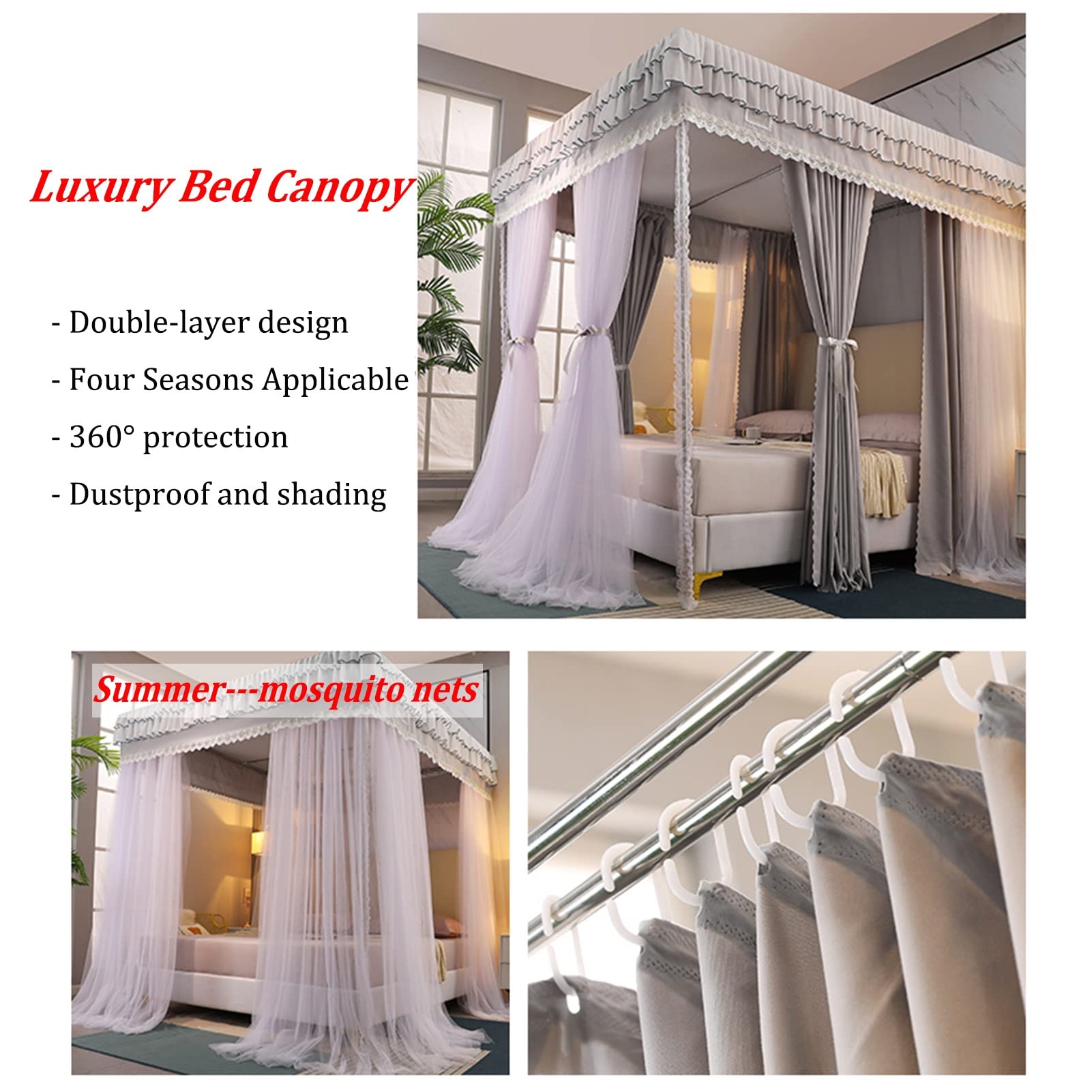 LCYDMJ Doseles para Camas Cortina De Cama De Lujo Gris, Dosel De Cama De Doble Capa, Mosquitera Cifrada Se Utiliza para Cama De 1,2 M/1,5 M/1,8 M/2 M En El Dormitorio del Hogar, Fácil De Instalar