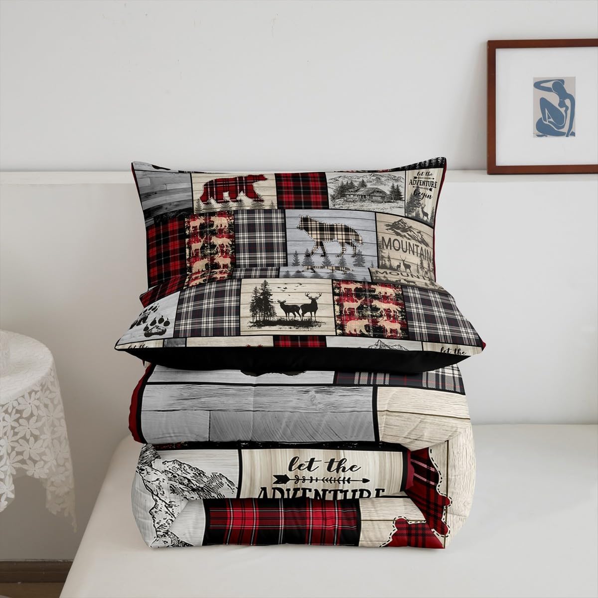 Rustic Cabin Comforter Set Queen Woodland Wolf Deer Bear Comforter For Kids Adults,Red Black Buffalo Plaid Bedding Set Wildlife Camping Lodge Mountain Quilt Bedding Southwestern Farmhouse Decor - Image 8