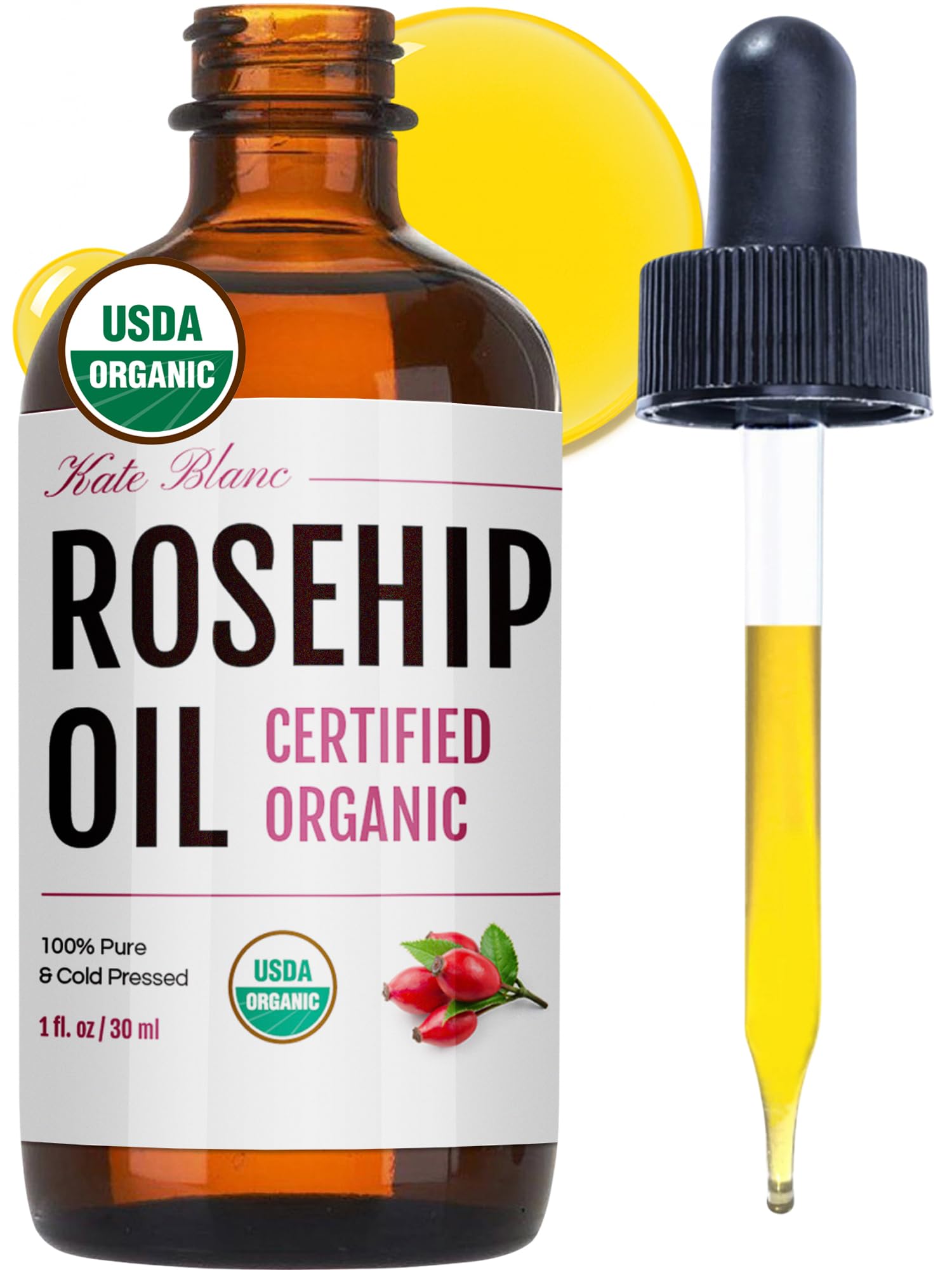 Kate Blanc Cosmetics Rosehip Oil for Face & Softer Glowing Skin (1oz, Organic, 100% Pure, Cold Pressed) Rosehip Seed Face Oil for Facial & Gua Sha Massage