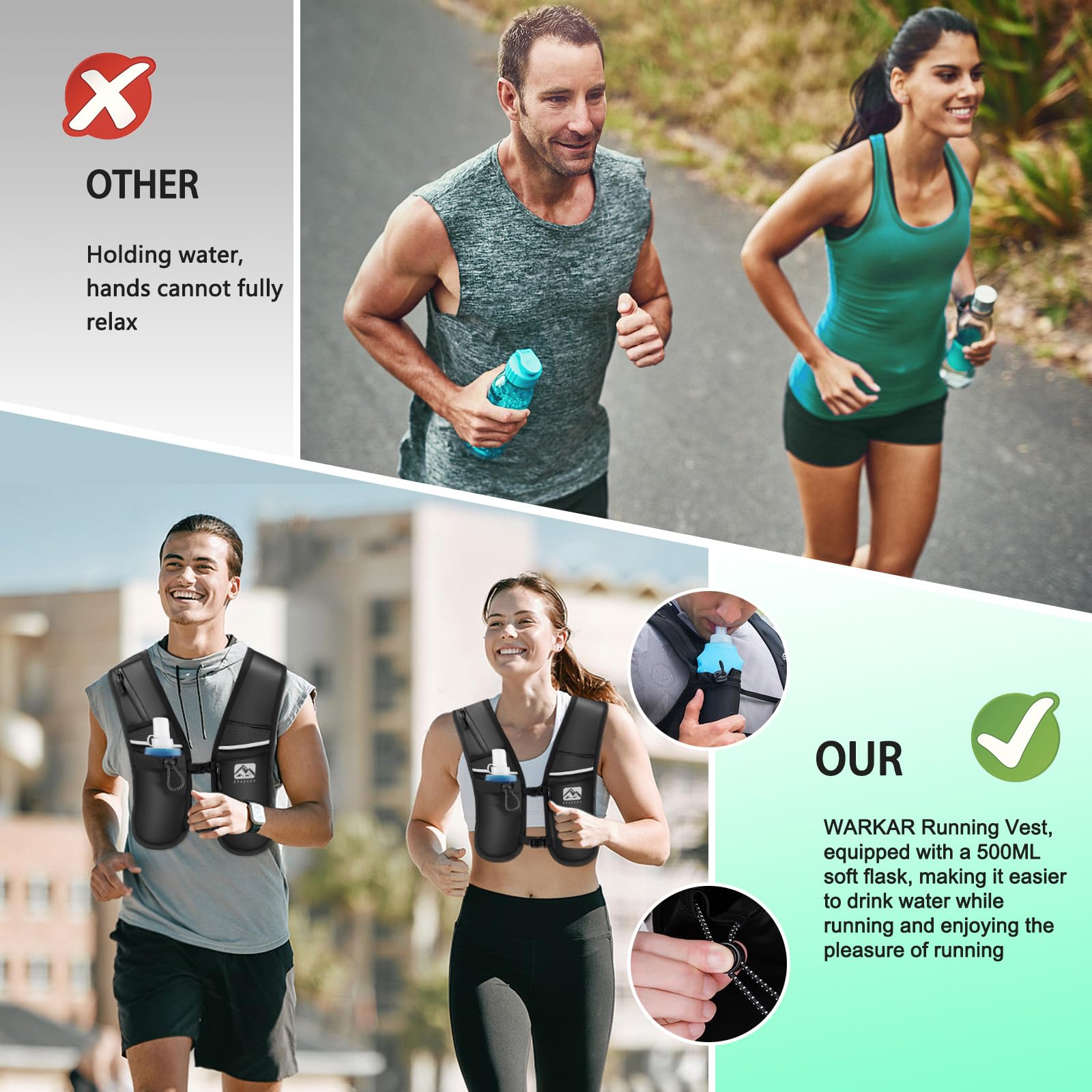 gilet da corsa per donna e uomo con borraccia da 500 ml inclusa,cinturini pettorali regolabili,traspirante e riflettente,zaino gilet da corsa,Running Vest